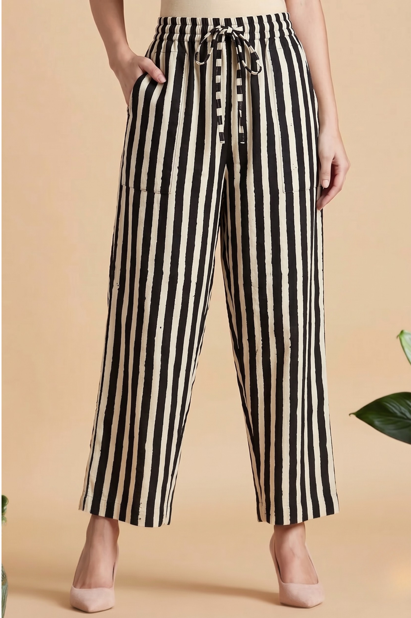 Comfort Fit Pants -Black Band Stripes On Beige