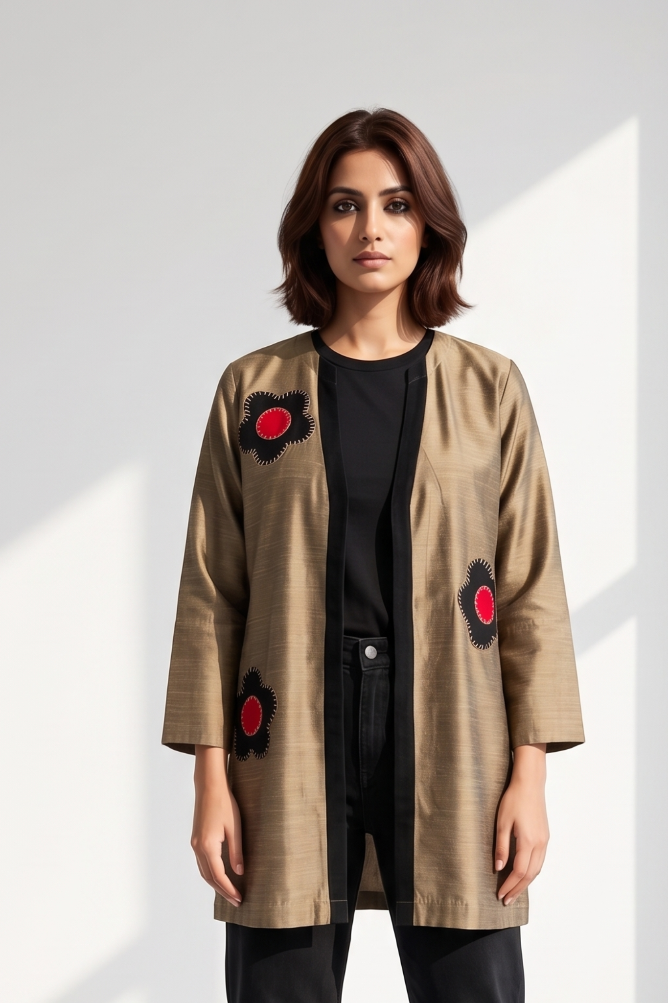 Dark Gold Red Buttercup Applique Luxe Silk Slub Short Jacket Mc