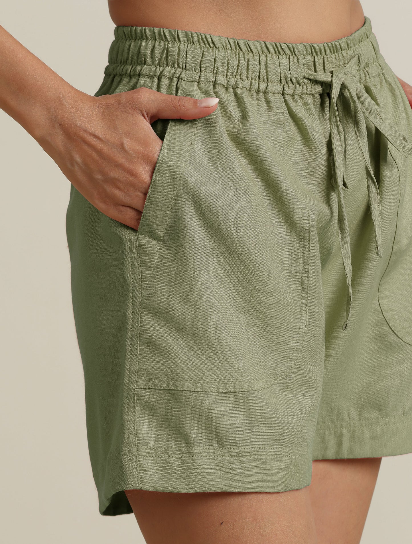 trueBrowns Mint Green Cotton Blend Shorts With Drawstring