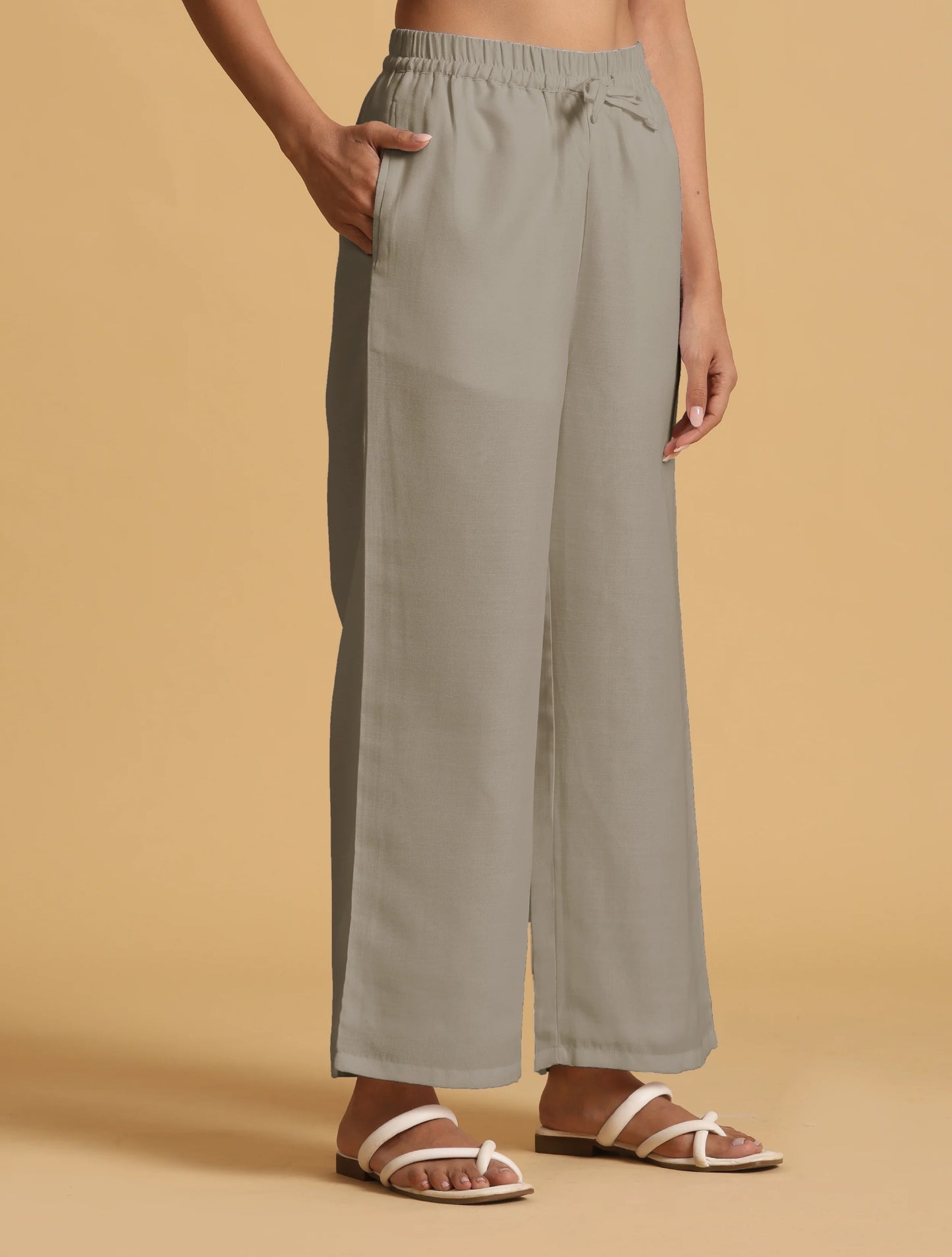 trueBrowns Grey Cotton Blend Elasticated Drawstring Straight Pants
