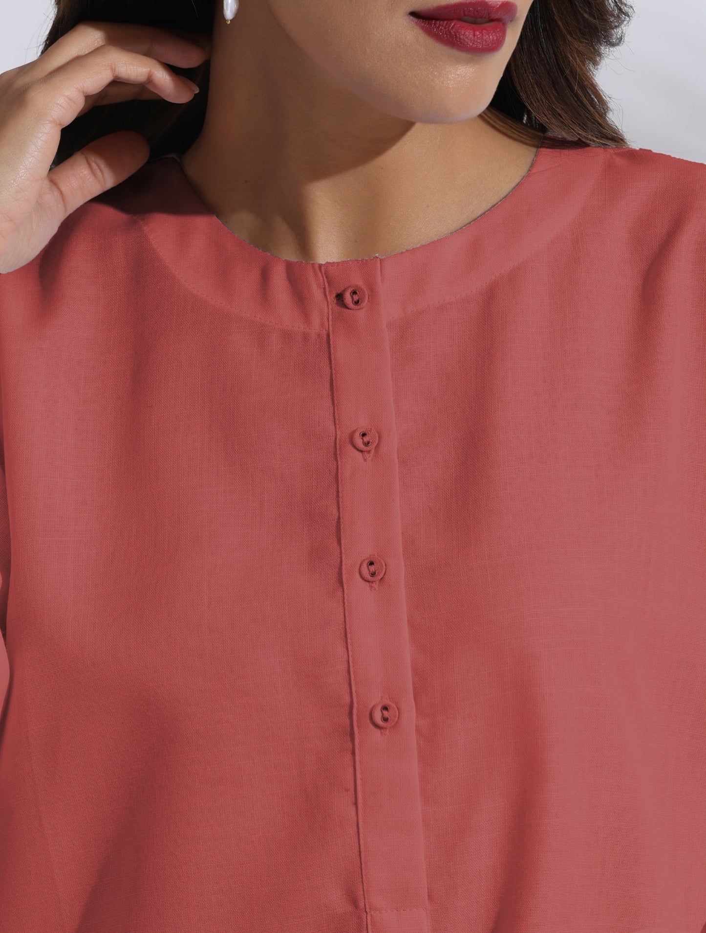trueBrowns Pink Cotton Blend Pleated Kurta Co-ord Set
