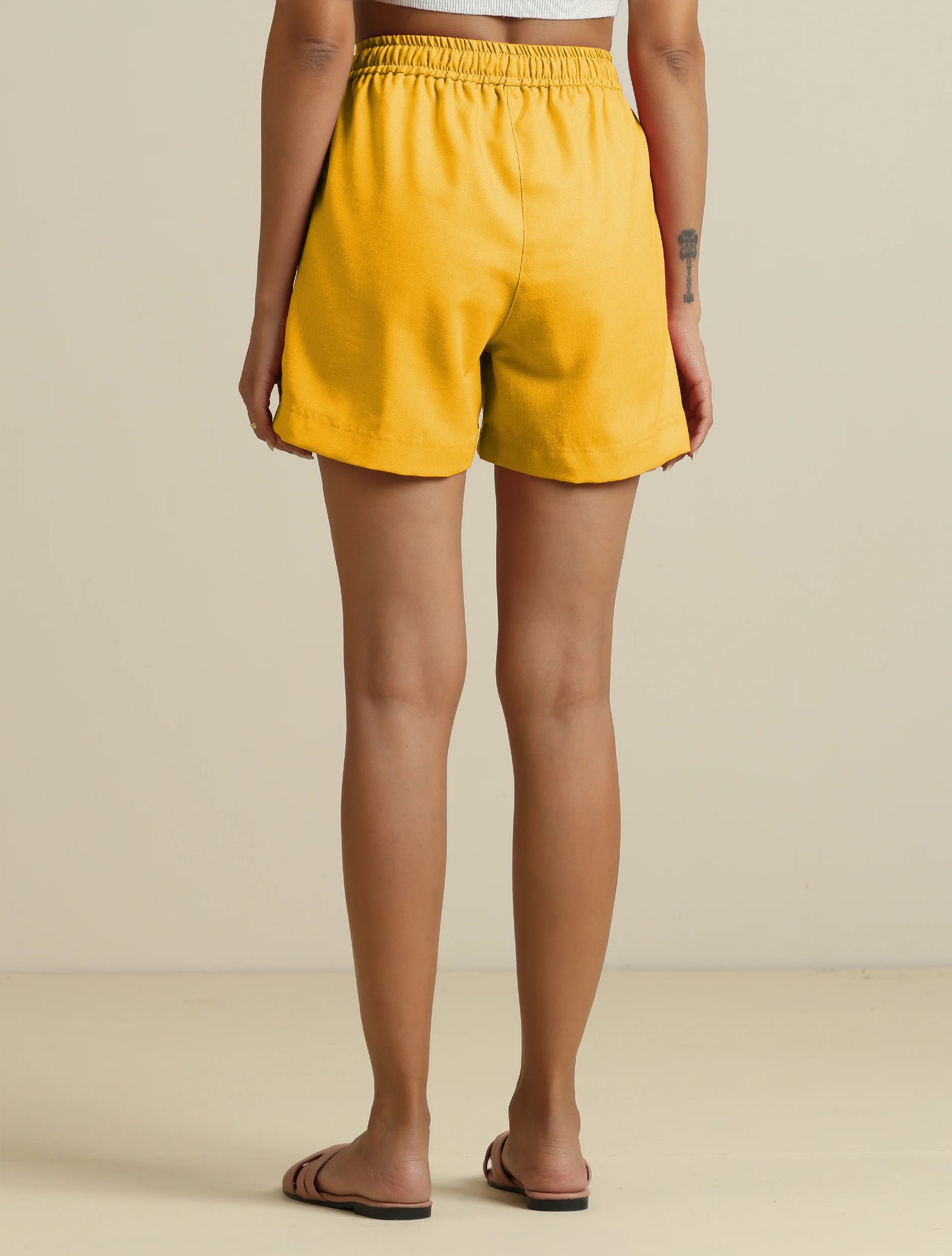 trueBrowns Yellow Cotton Blend Shorts With Drawstring