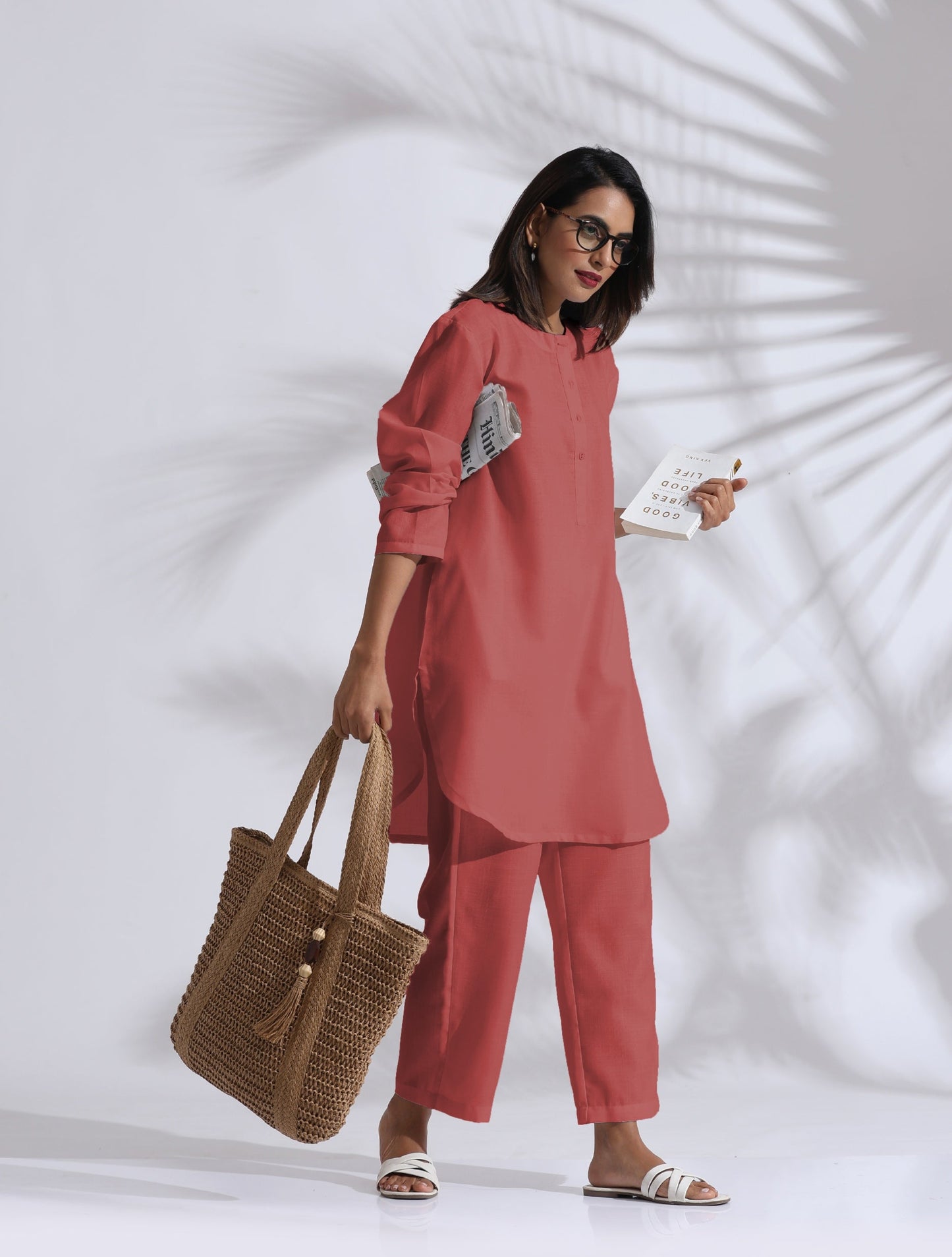trueBrowns Pink Cotton Blend Pleated Kurta Co-ord Set