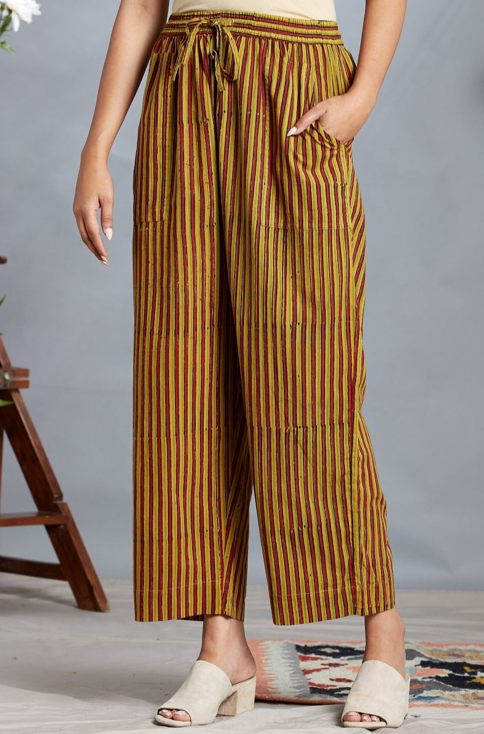 Maati Craft comfort fit cotton printed pants - yellow red ajrakh stripes