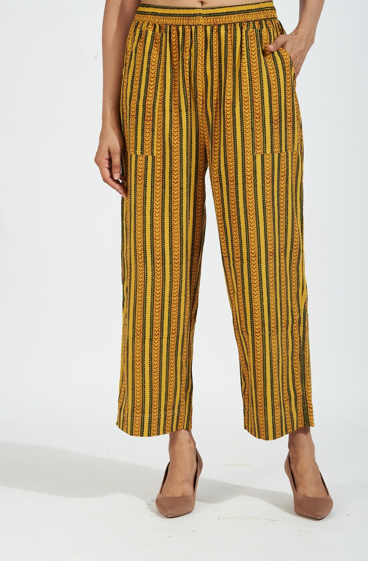 Maati Craft comfort fit cotton printed pants - yellow green ajrakh stripes