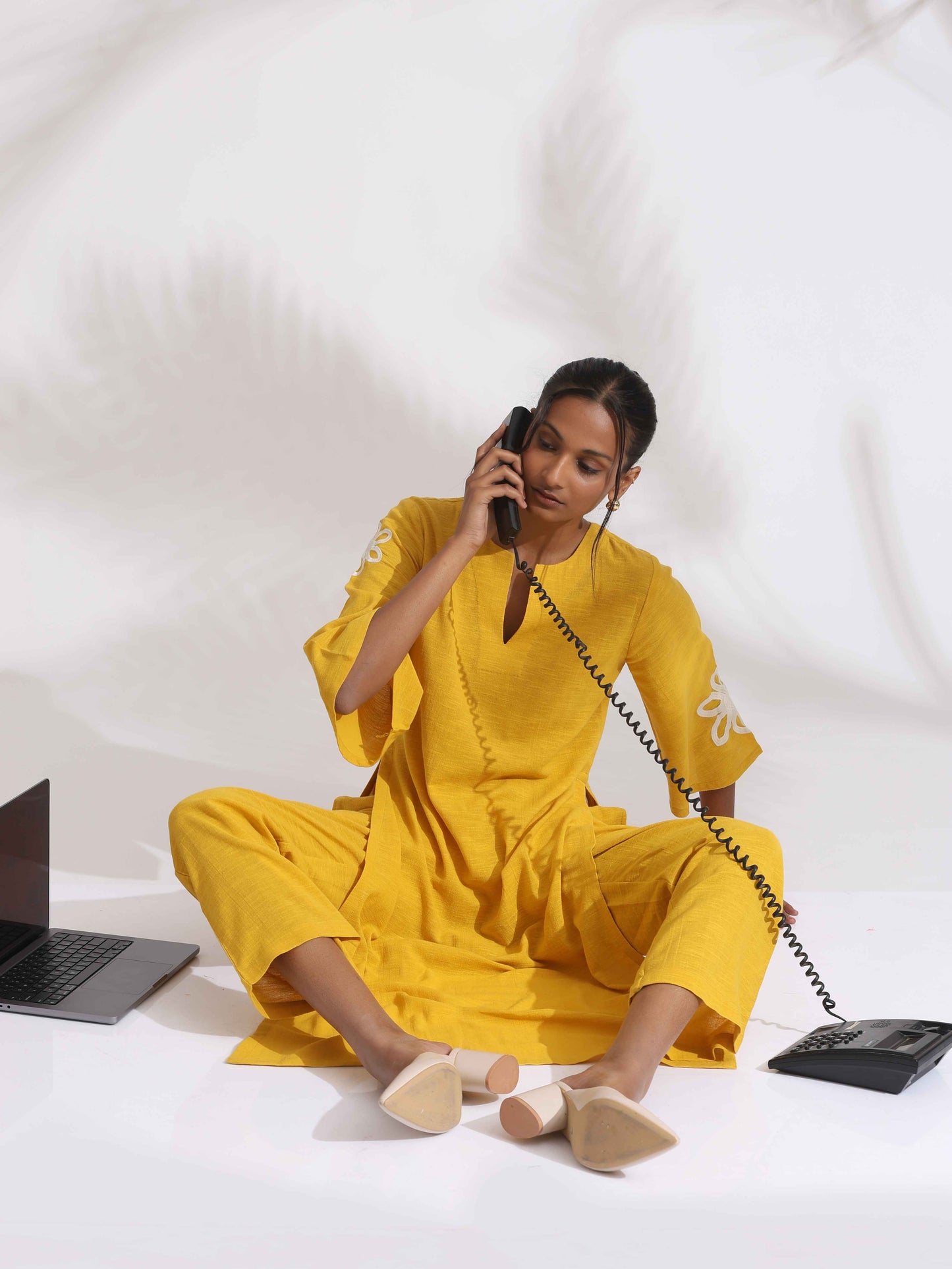 trueBrowns Yellow Cotton Slub Embroidered Straight Kurta Set