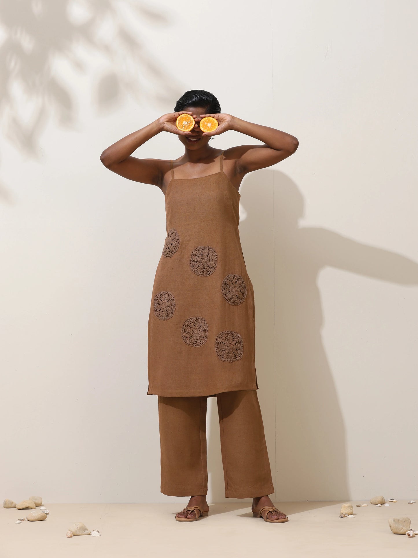 trueBrowns Kora Brown Crochet Natural Cotton Kurta Co-ord Set