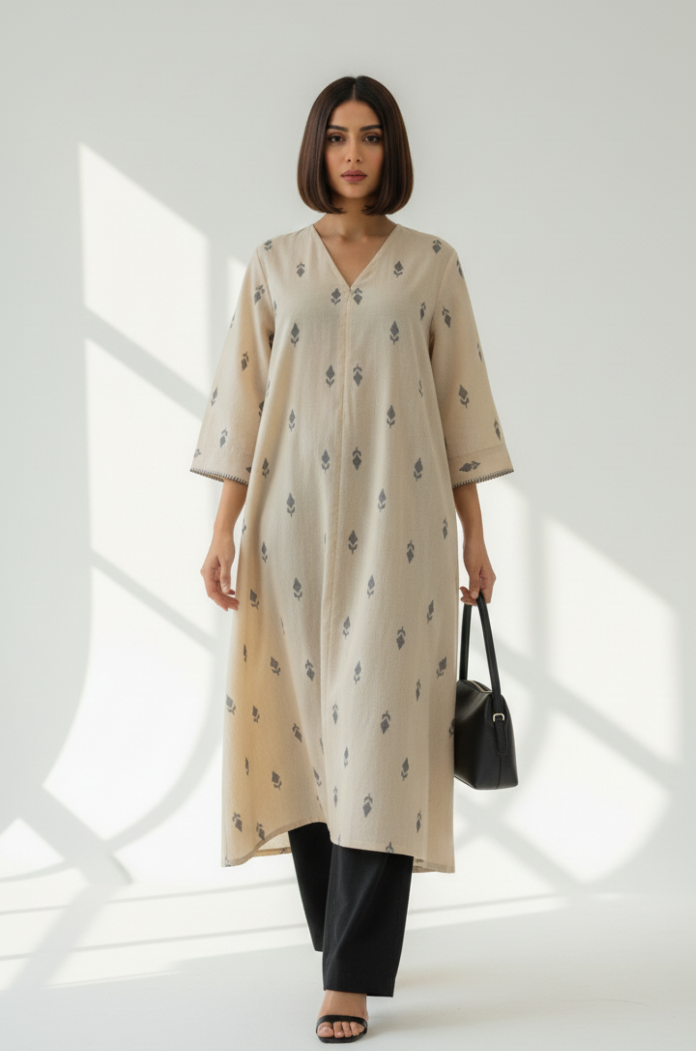 Maati Sandstone Mist Cotton Front Zipper A-Line Kurta