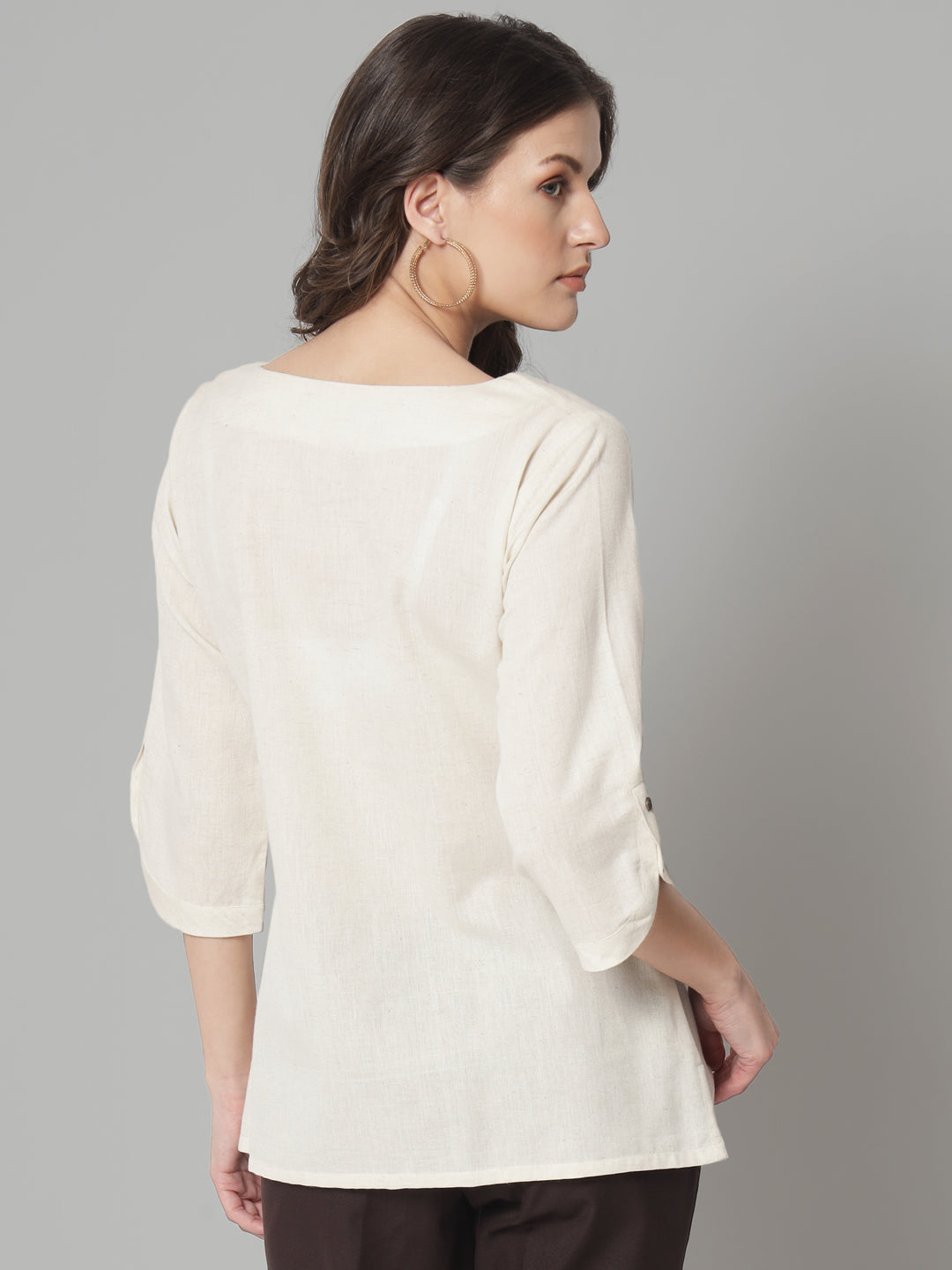 PowerSutra Cotton Loops and Button Detailed Regular FIt Top- Beige