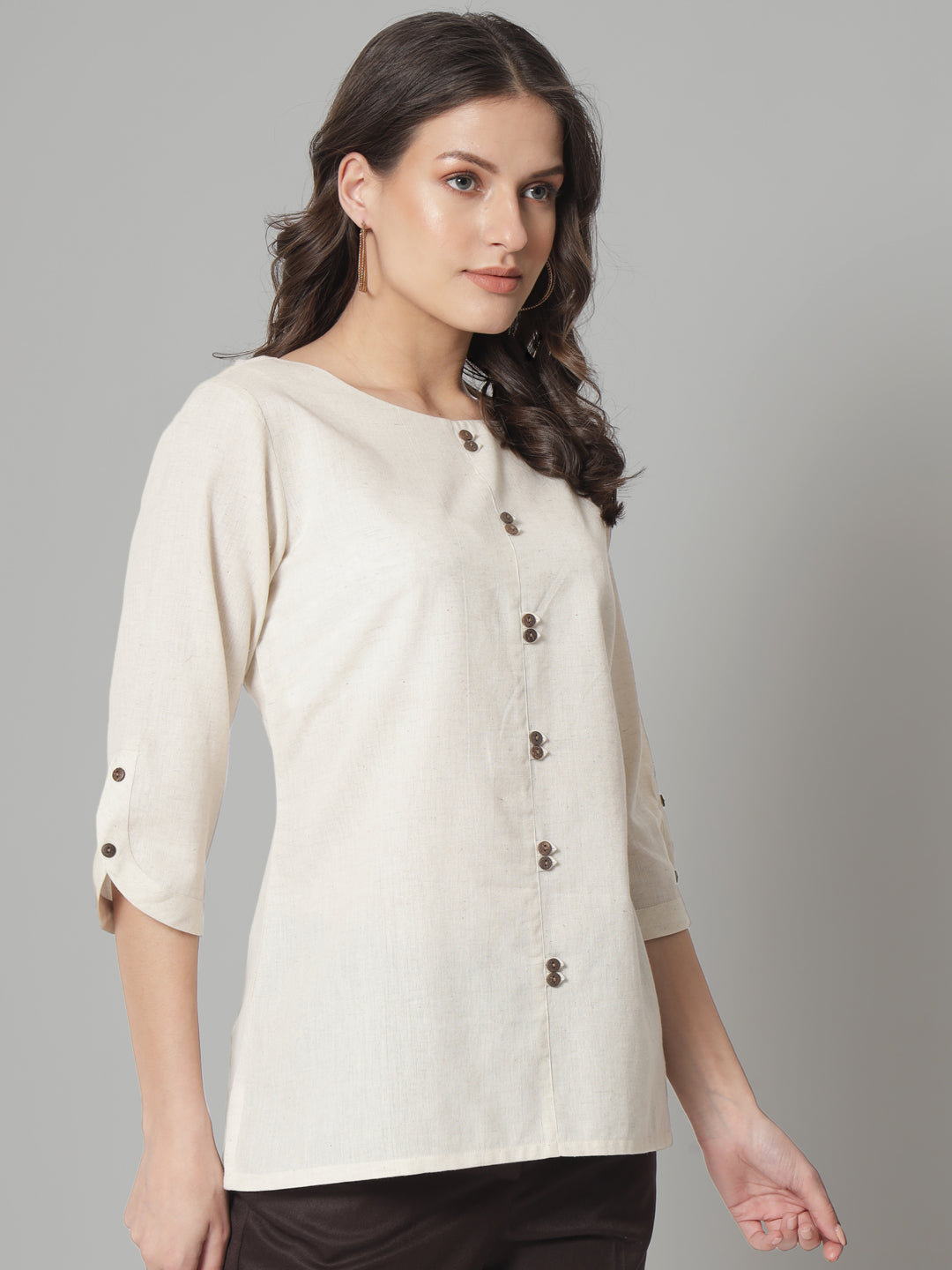 PowerSutra Cotton Loops and Button Detailed Regular FIt Top- Beige