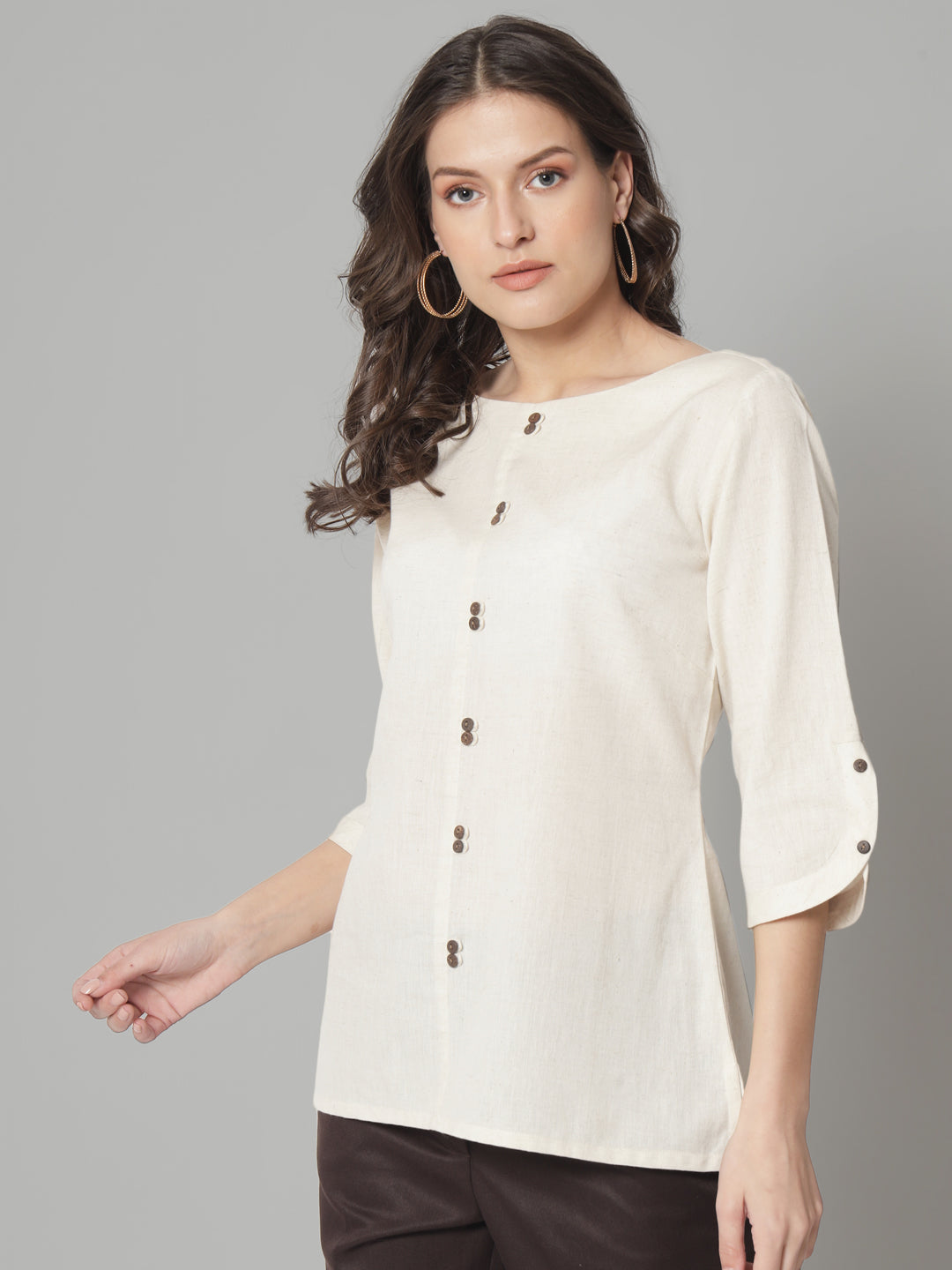 PowerSutra Cotton Loops and Button Detailed Regular FIt Top- Beige