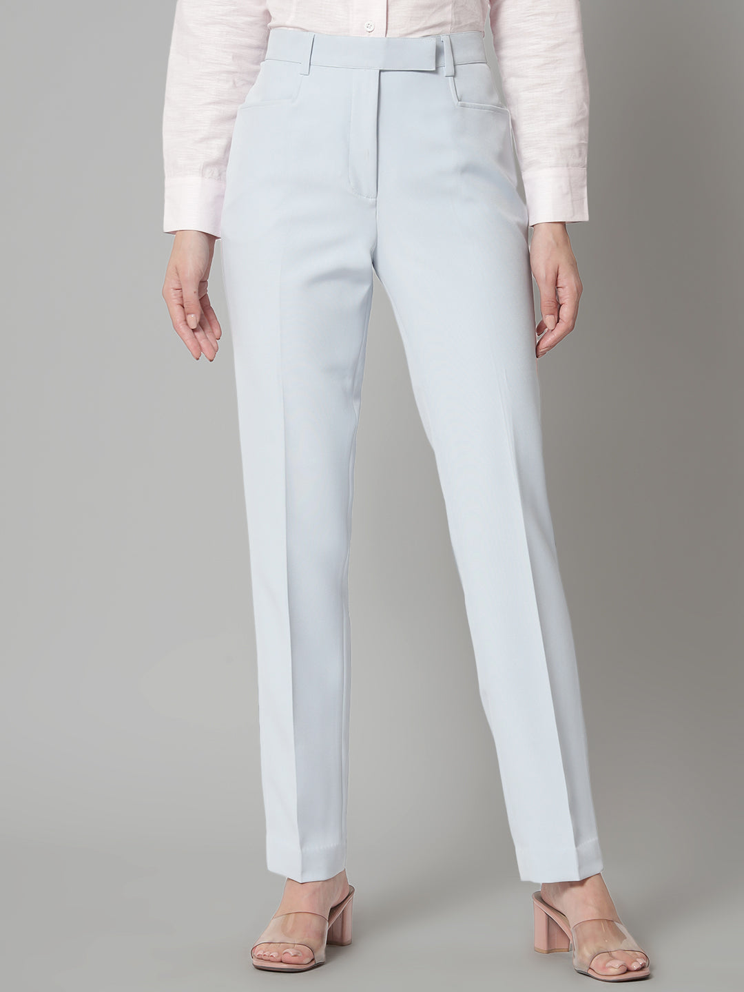 PowerSutra Poly Viscose Mid Waist Regular Fit Formal Trouser - Ice Blue