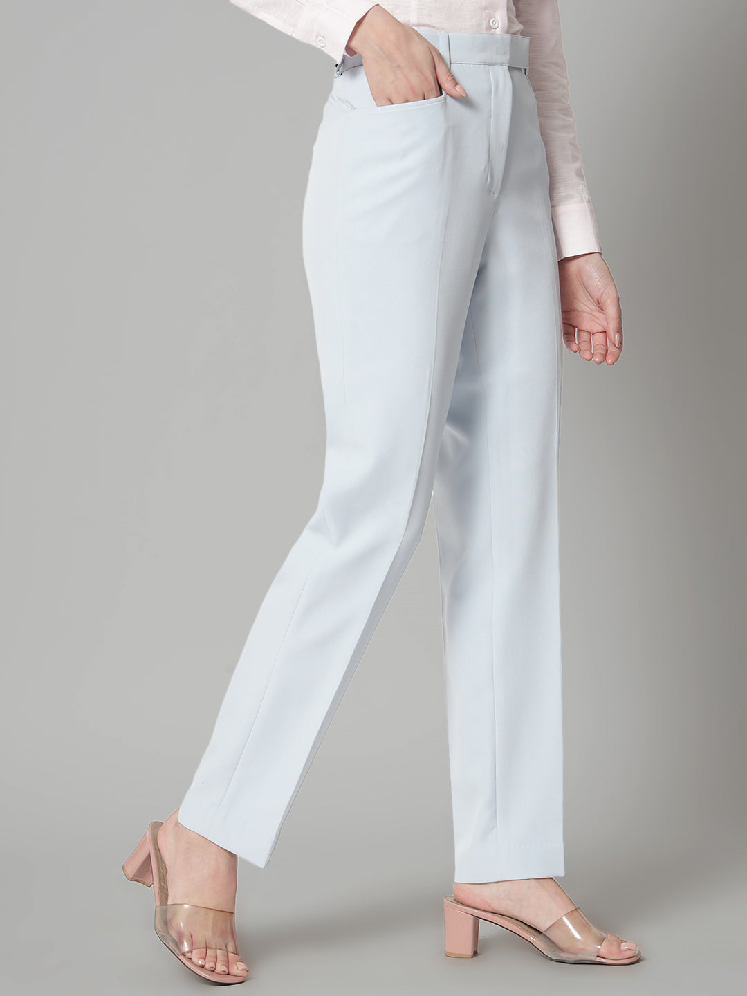 PowerSutra Poly Viscose Mid Waist Regular Fit Formal Trouser - Ice Blue