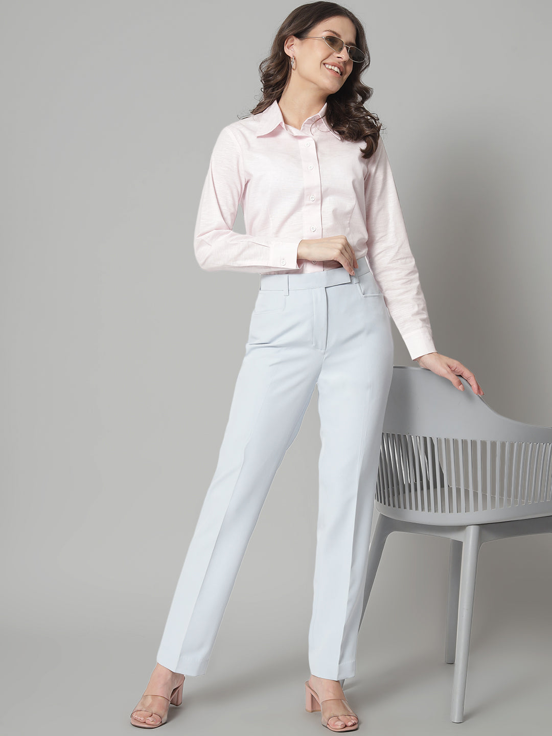 PowerSutra Poly Viscose Mid Waist Regular Fit Formal Trouser - Ice Blue