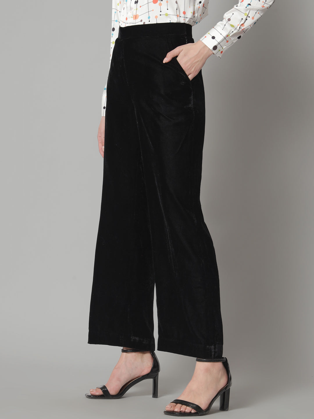 PowerSutra Comfortable Mid Waist Velvet Trouser- Black