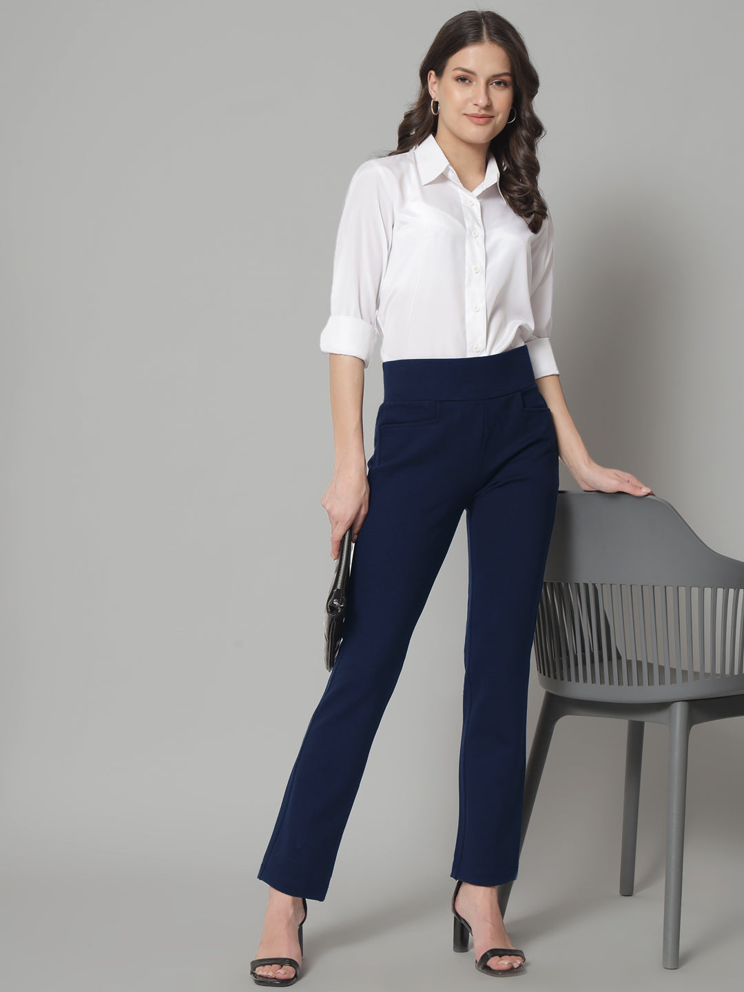 PowerSutra Mid Waist Stretch Tapered Fit Trouser - Navy Blue