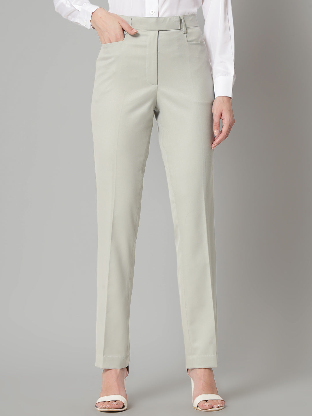 PowerSutra Slim Fit Poly Cotton Mid Waist Formal Trouser - Sage Green