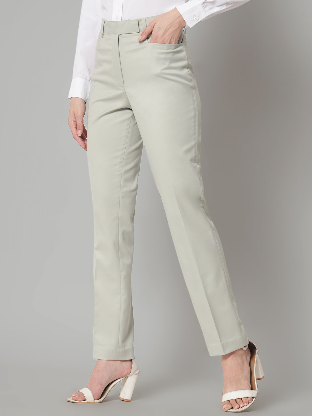 PowerSutra Slim Fit Poly Cotton Mid Waist Formal Trouser - Sage Green
