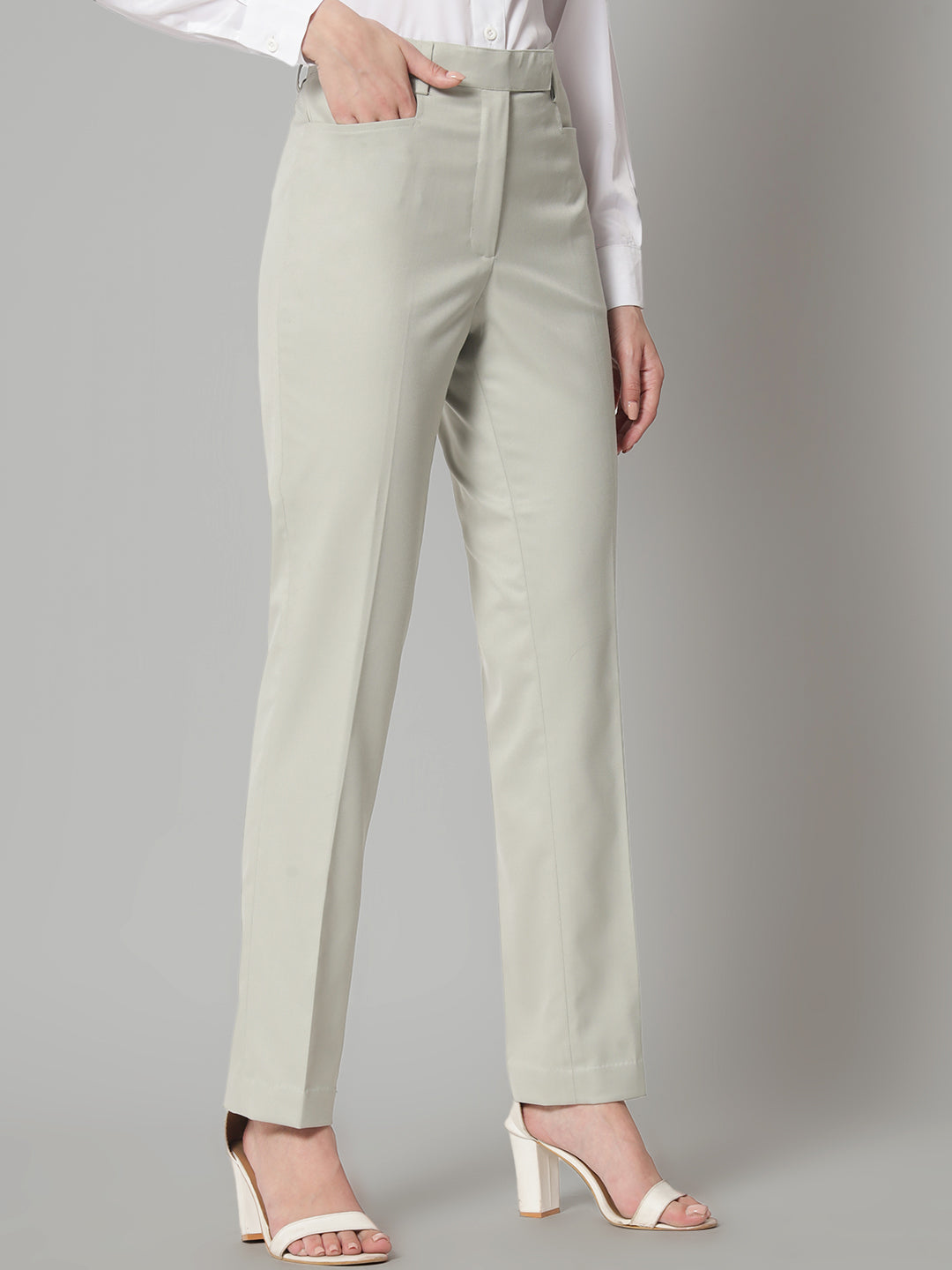 PowerSutra Slim Fit Poly Cotton Mid Waist Formal Trouser - Sage Green
