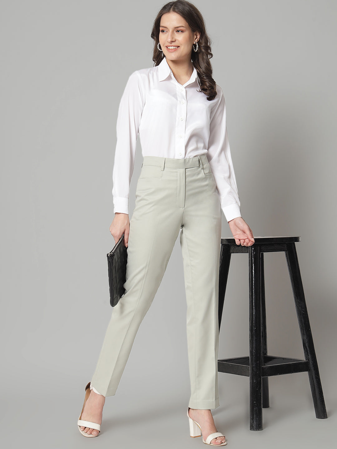 PowerSutra Slim Fit Poly Cotton Mid Waist Formal Trouser - Sage Green