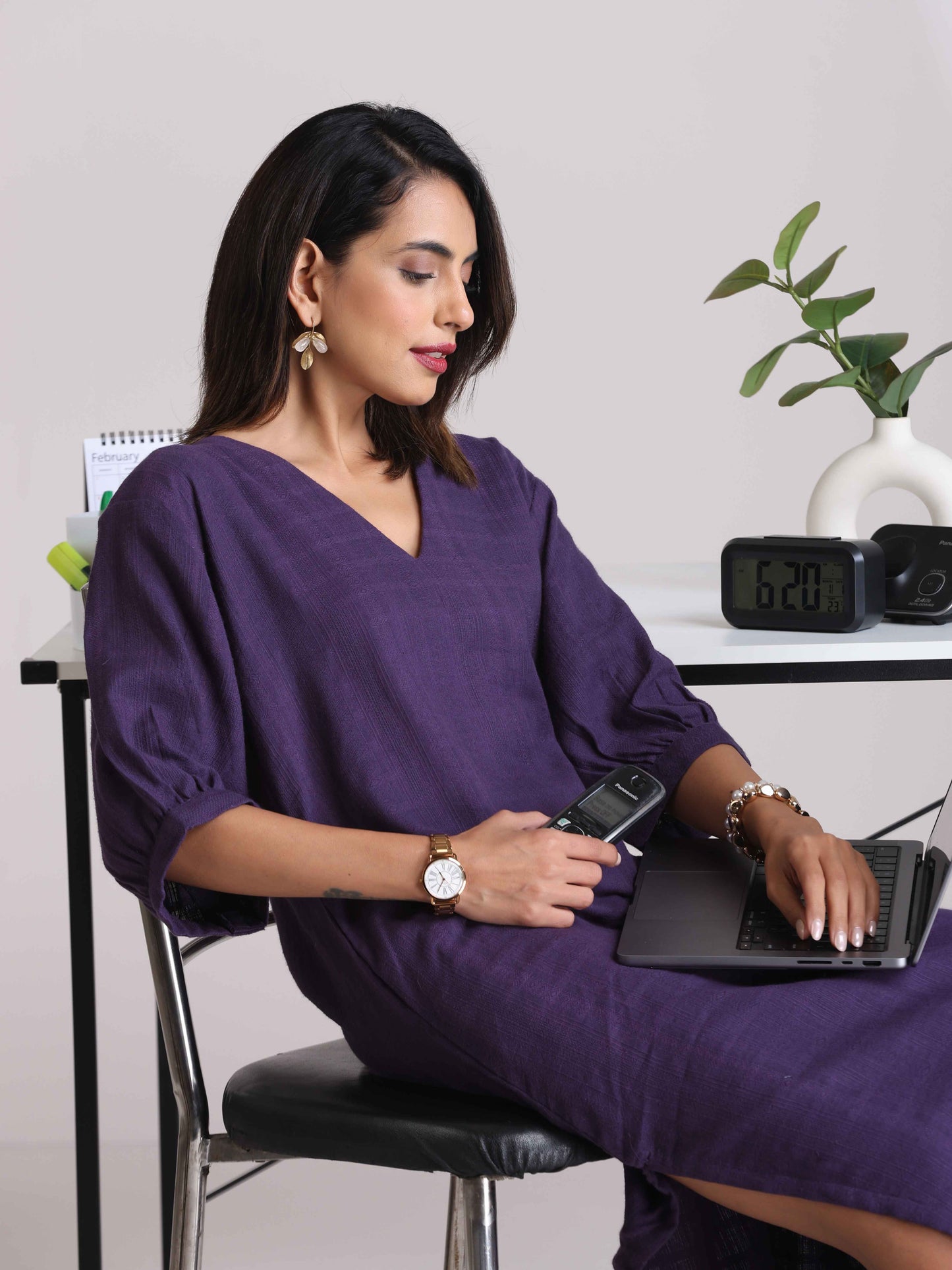 trueBrowns Purple Cotton Dobby Slit Dress
