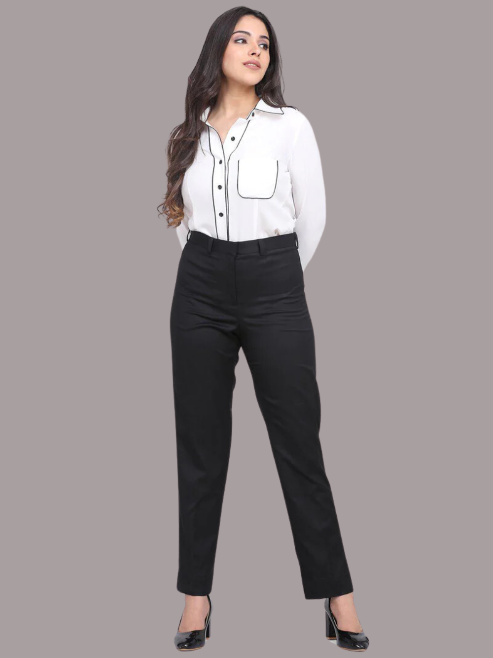 PowerSutra Poly Cotton Mid Waist Formal Trousers - Black