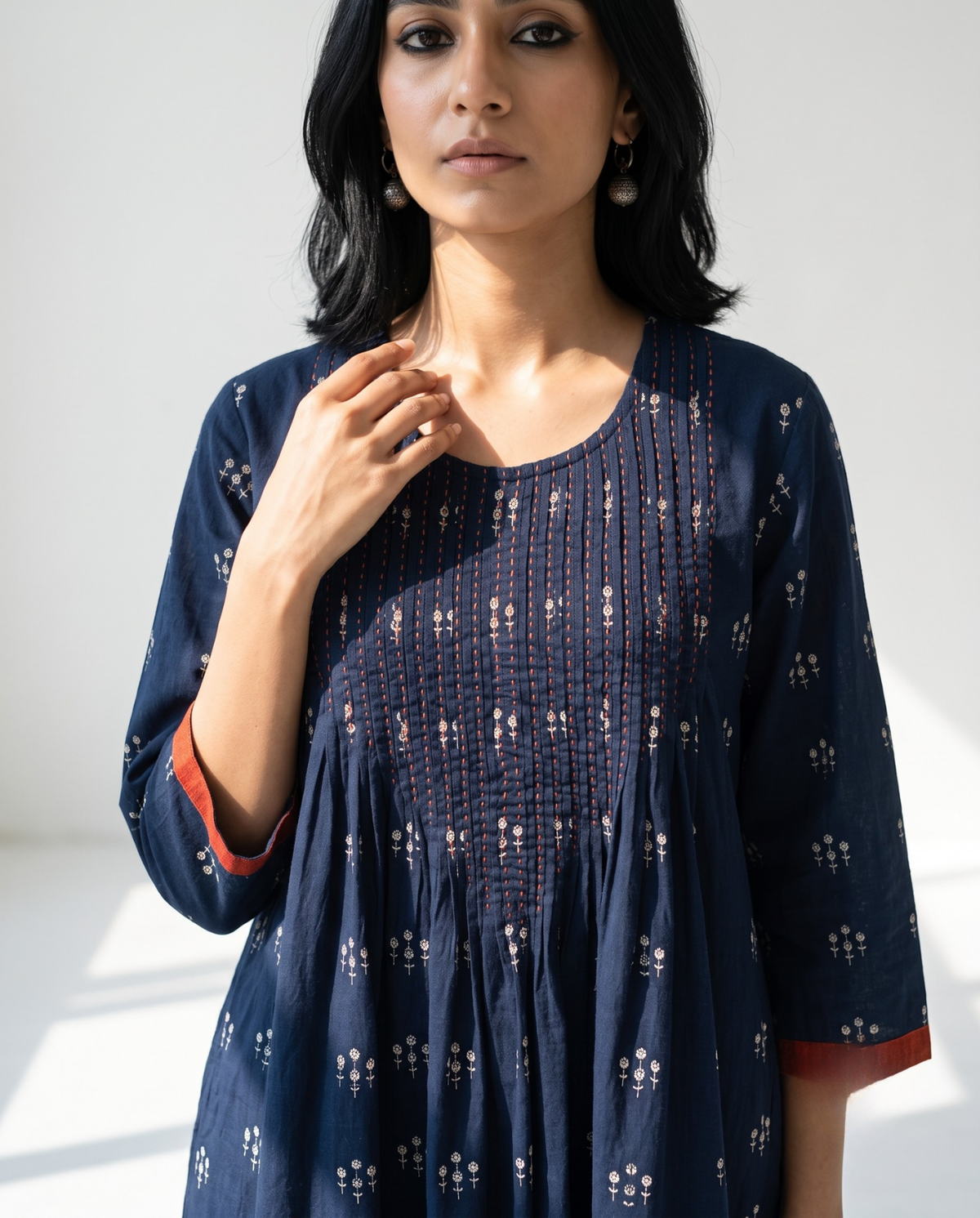 Navy Floral Bunch Cotton Kurta Top With Pintuck Mc