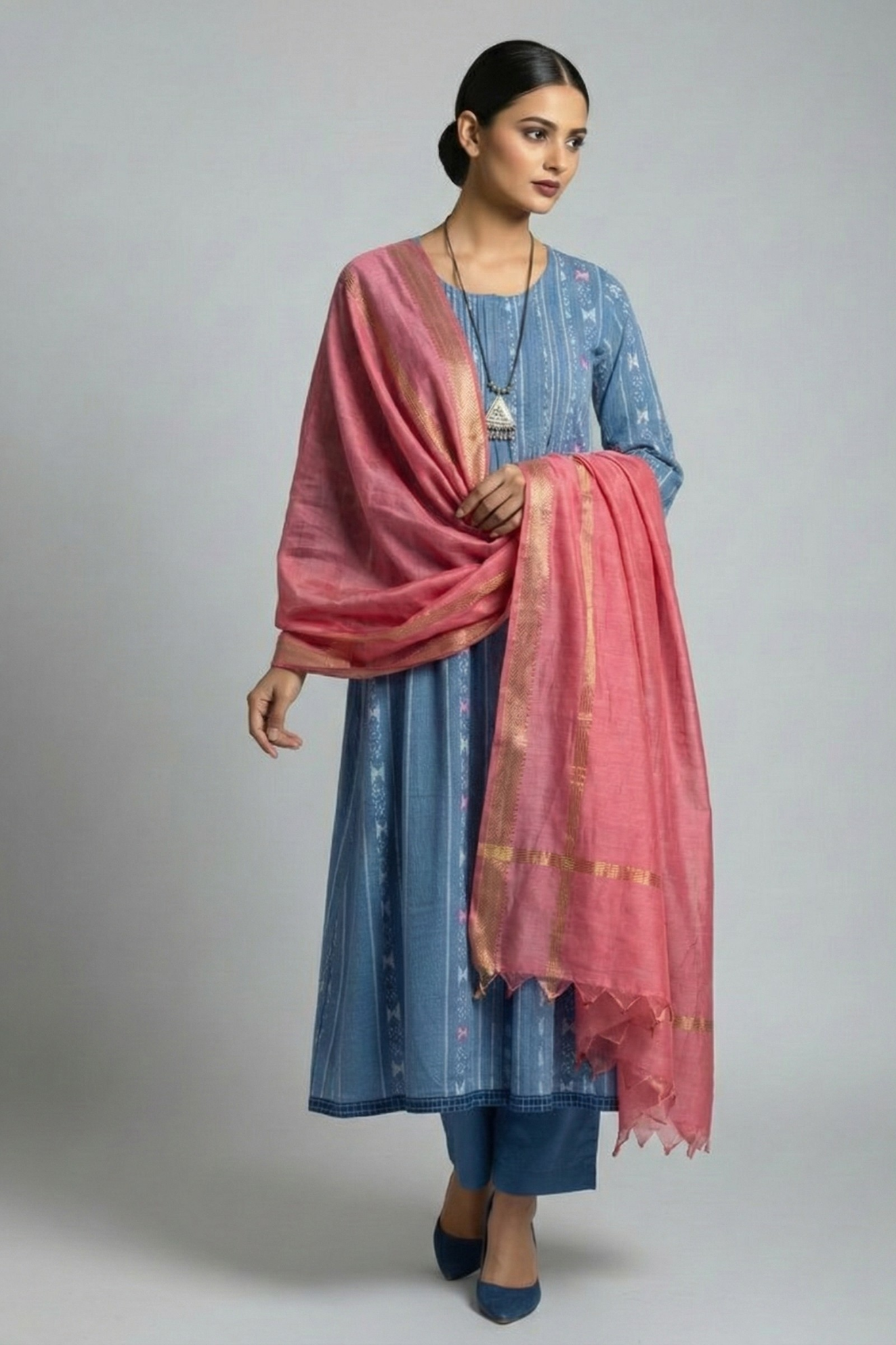 Maati Sky Denim Pintuck Yoke & Sleeve Kalidar Kurta