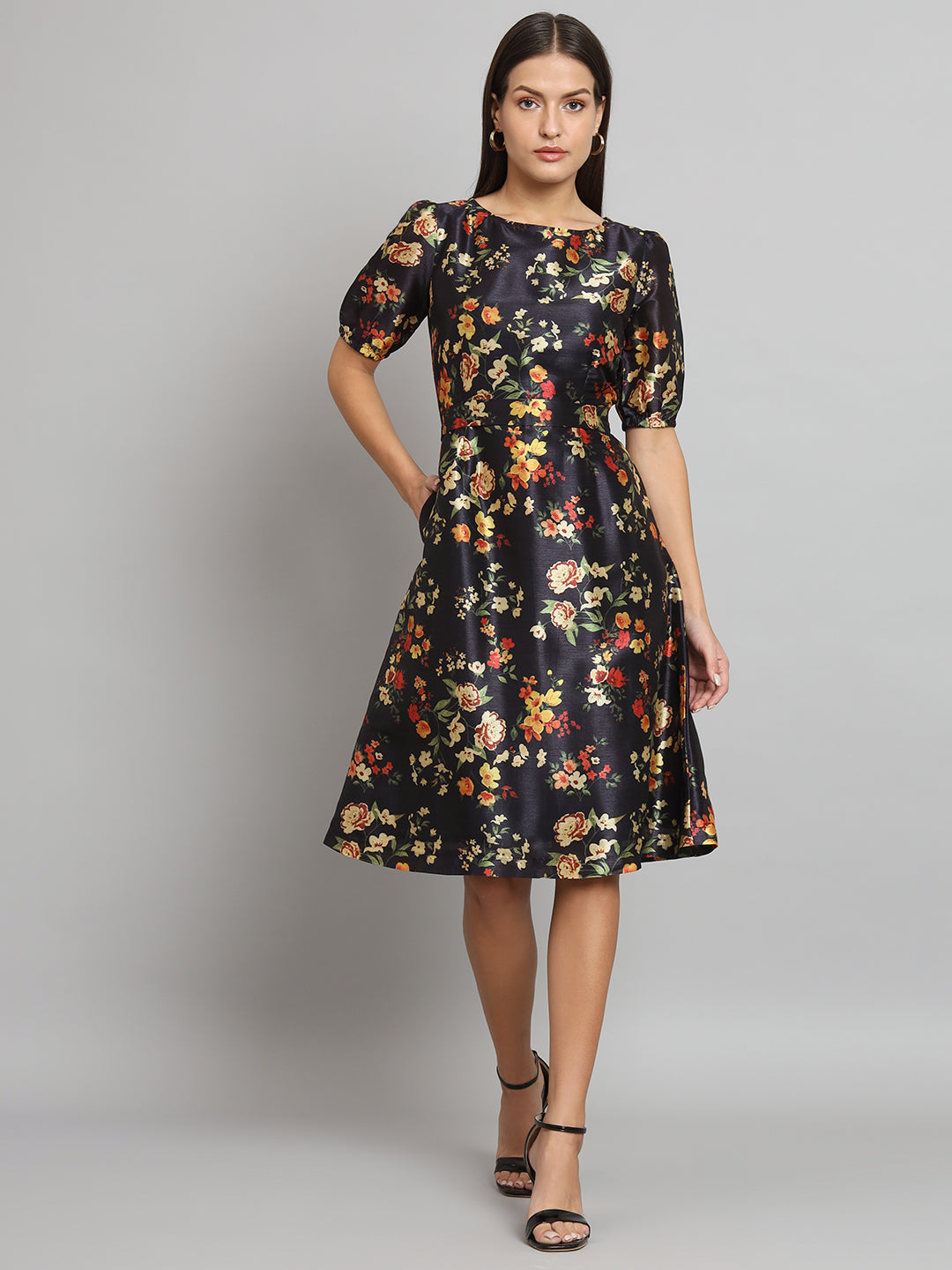 PowerSutra Printed Silk A-Line dress- Black LP