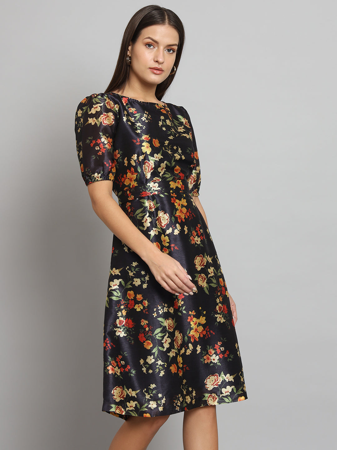 PowerSutra Printed Silk A-Line dress- Black LP