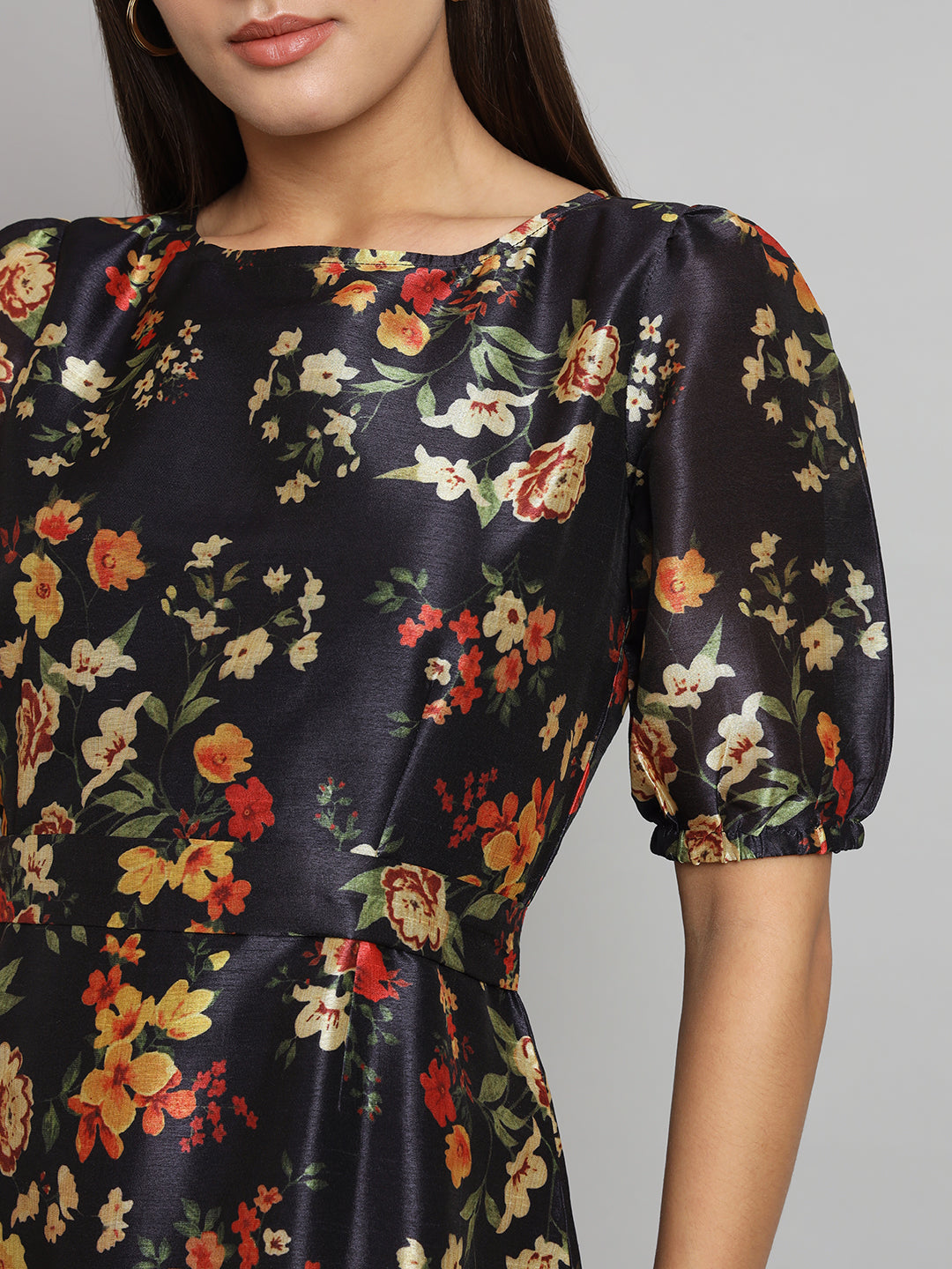 PowerSutra Printed Silk A-Line dress- Black LP