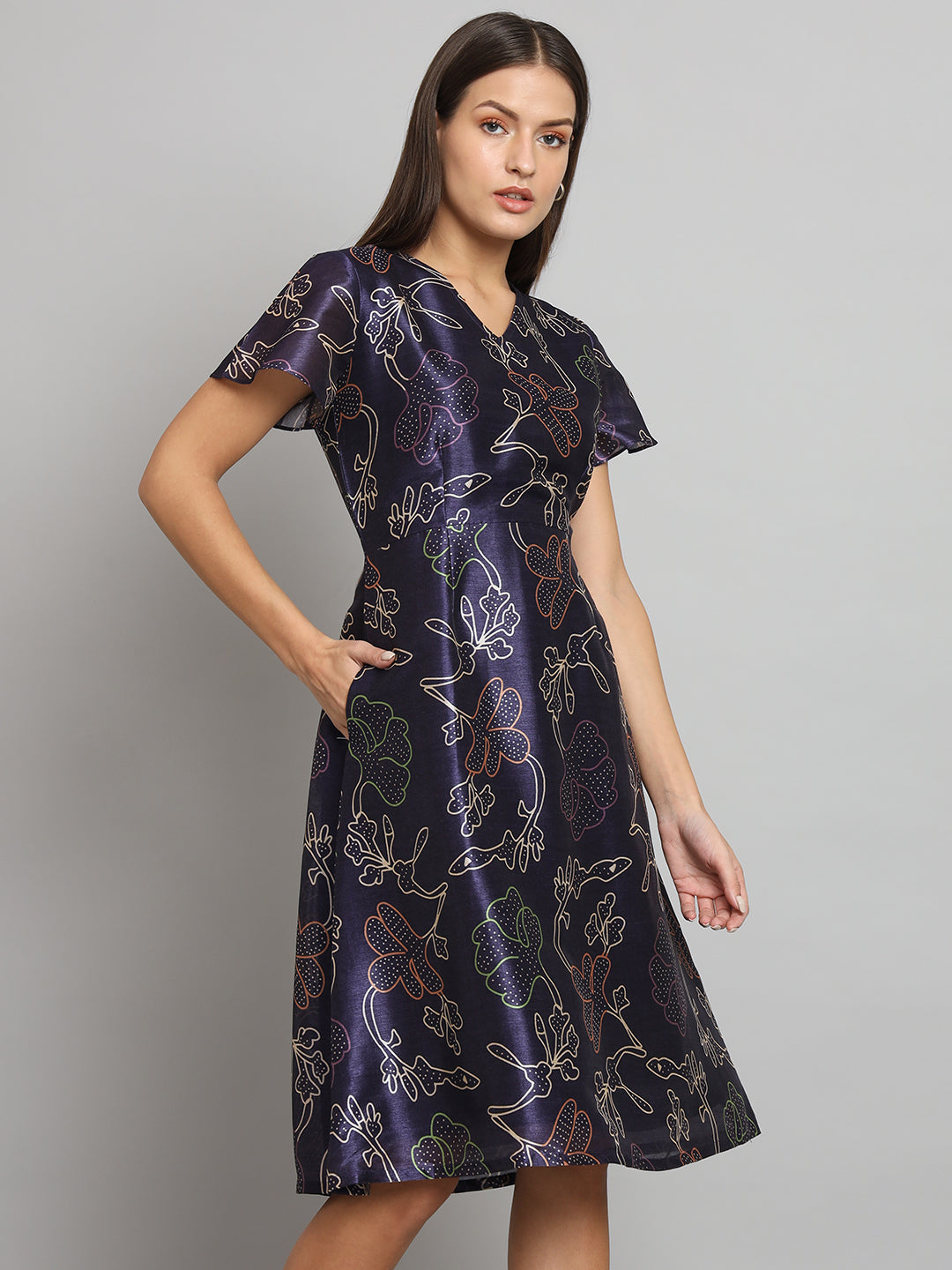 PowerSutra Printed Silk A-Line dress- Blue