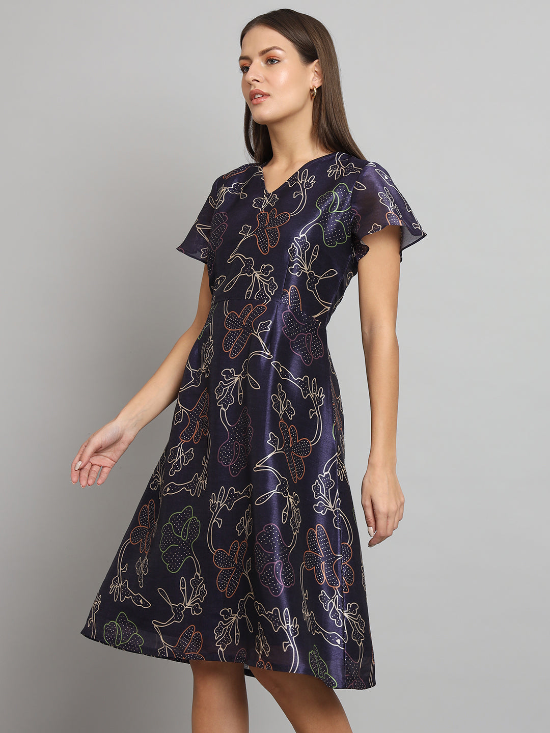 PowerSutra Printed Silk A-Line dress- Blue
