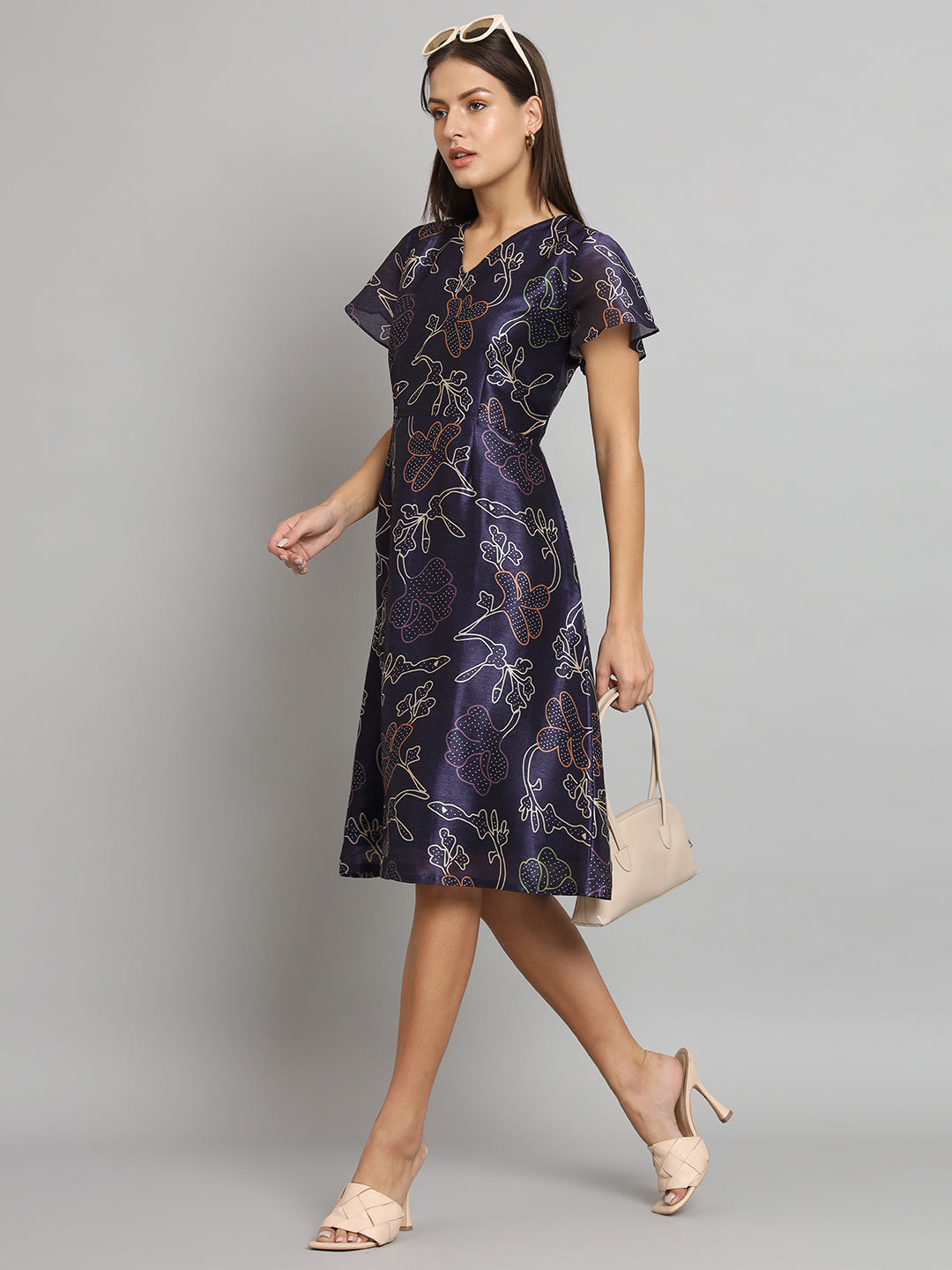 PowerSutra Printed Silk A-Line dress- Blue