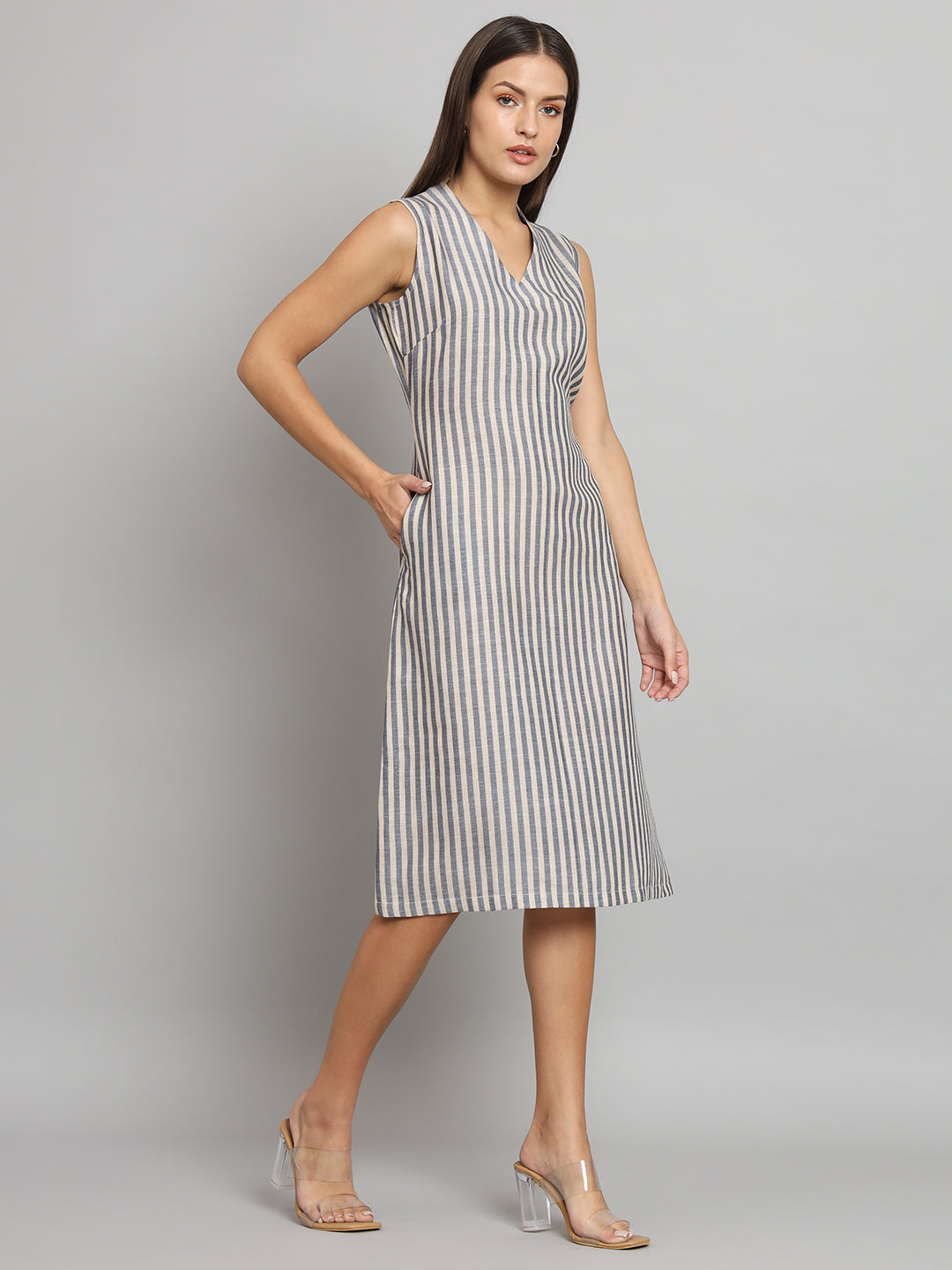 PowerSutra A-line Striped Poly Linen Dress- Blue and Beige