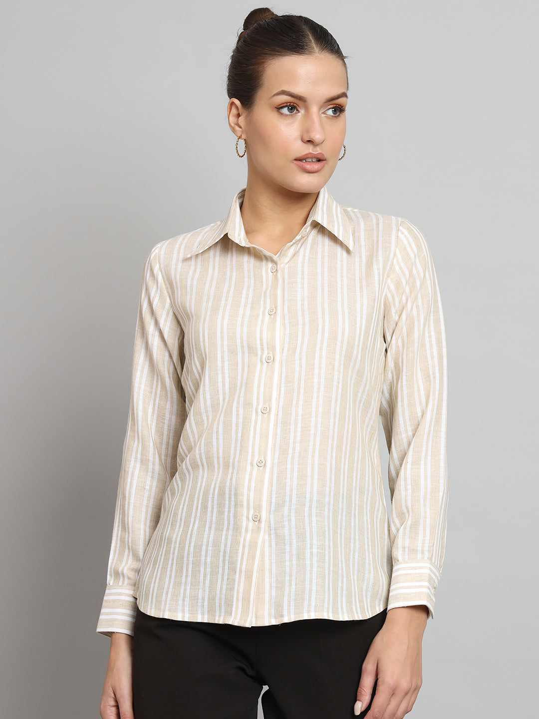 PowerSutra Striped Collared Shirt- Beige and Off white