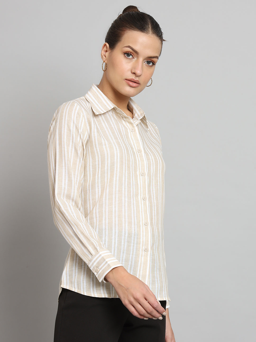 PowerSutra Striped Collared Shirt- Beige and Off white