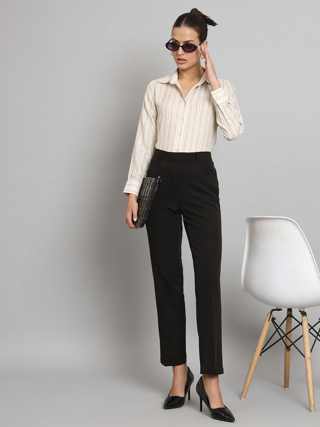 PowerSutra Striped Collared Shirt- Beige and Off white