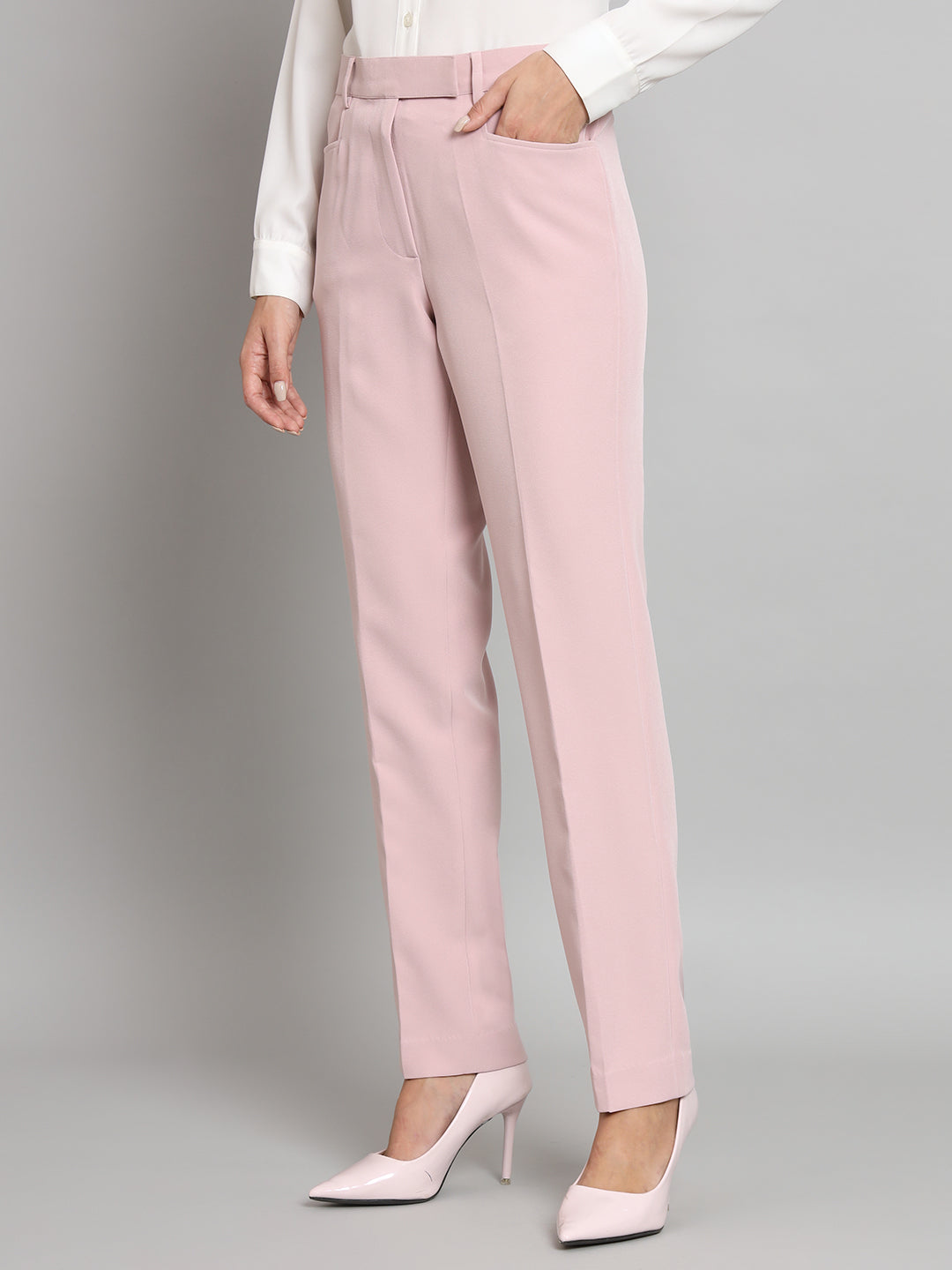 PowerSutra Stretch Regular Fit Mid Waist Trouser- Baby Pink