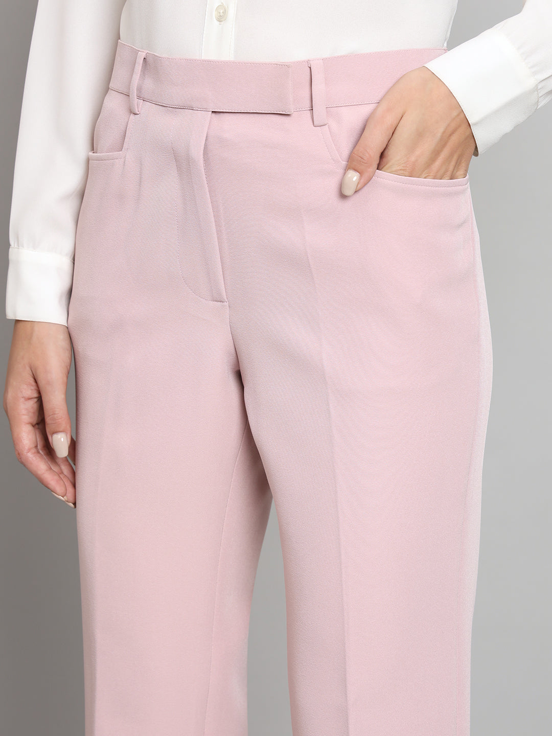 PowerSutra Stretch Regular Fit Mid Waist Trouser- Baby Pink