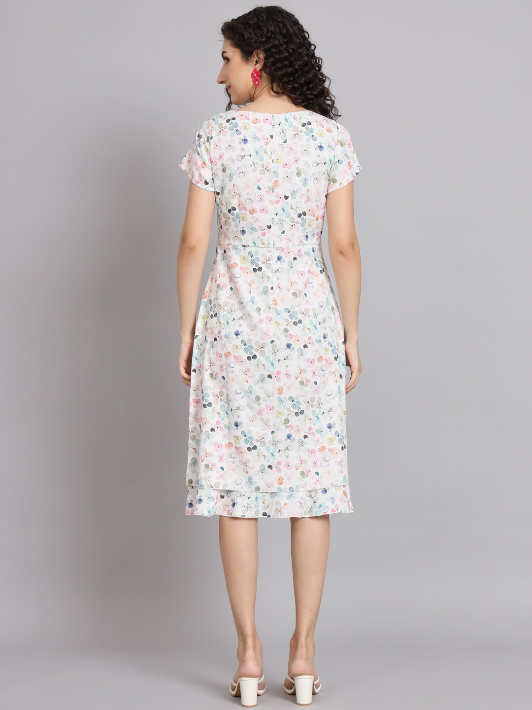 PowerSutra A Line Printed Floral Frill Dress - White