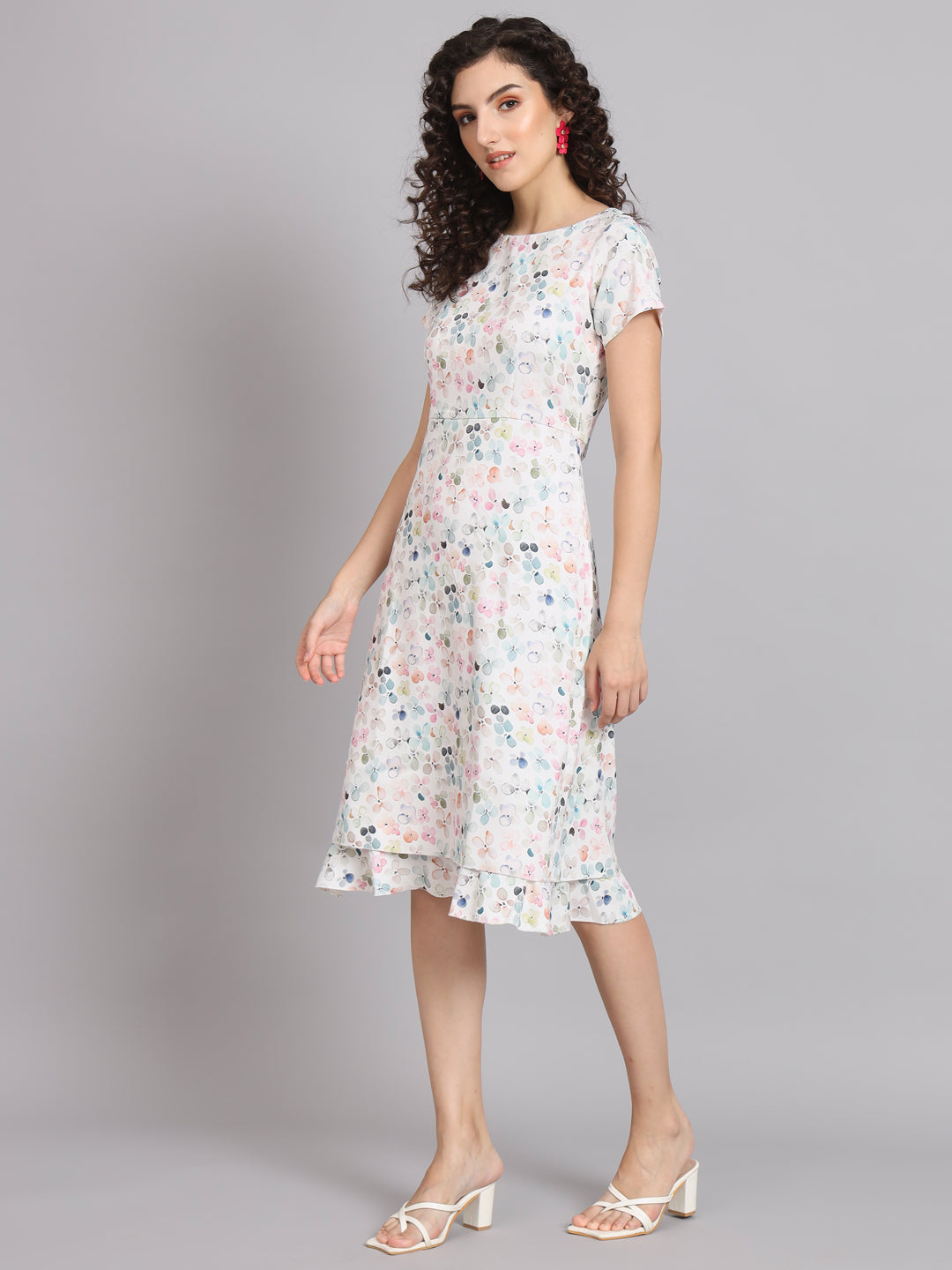 PowerSutra A Line Printed Floral Frill Dress - White