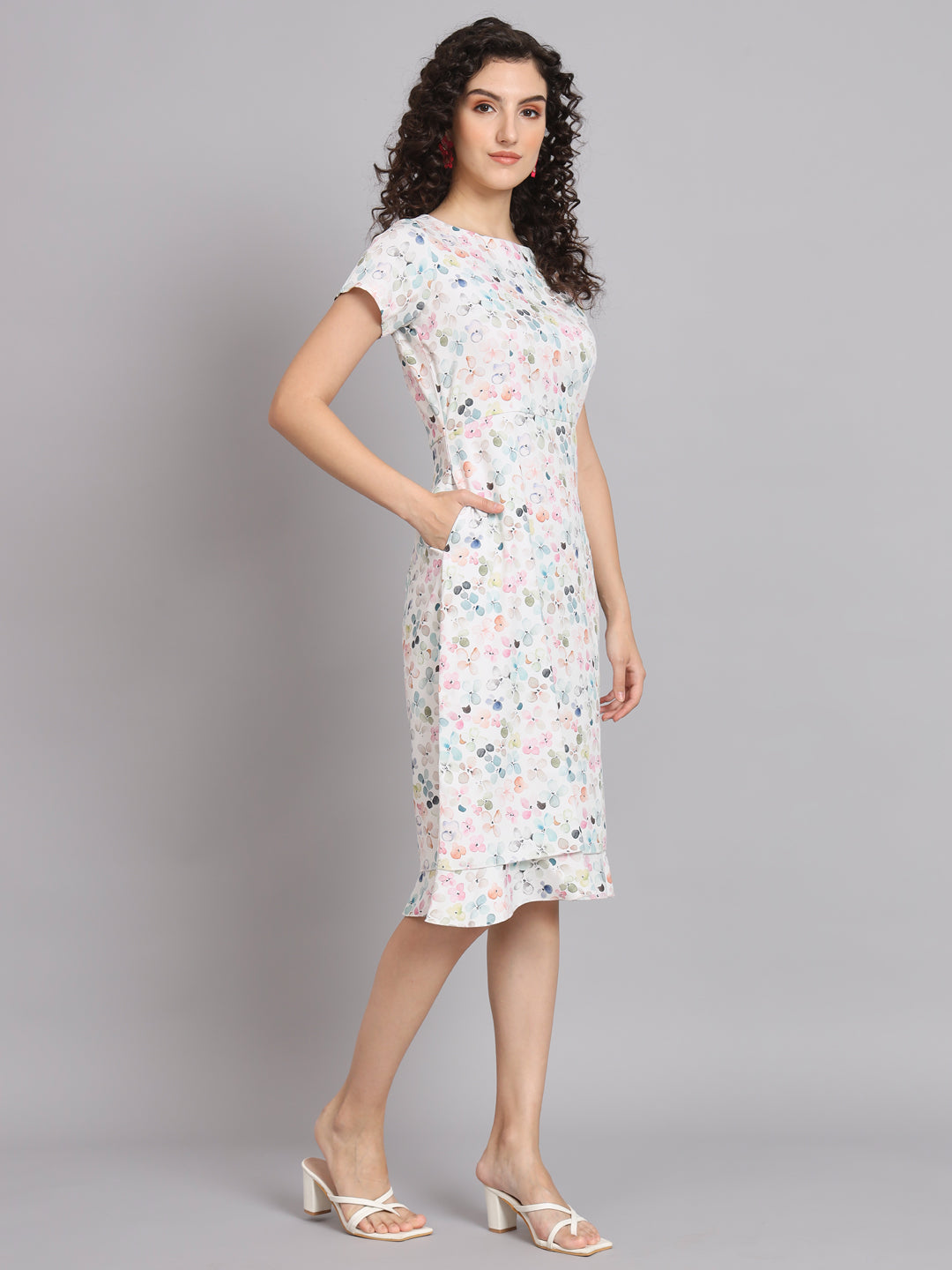 PowerSutra A Line Printed Floral Frill Dress - White