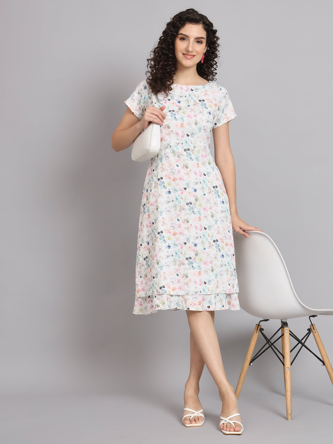 PowerSutra A Line Printed Floral Frill Dress - White