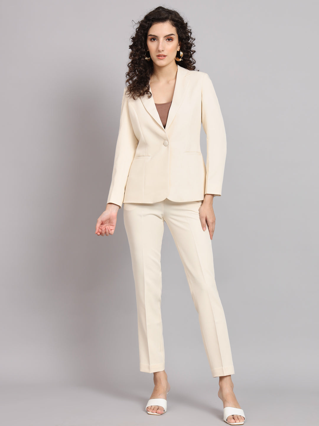 PowerSutra Regular Fit Notched Collar Stretch Pant Suit - Off White