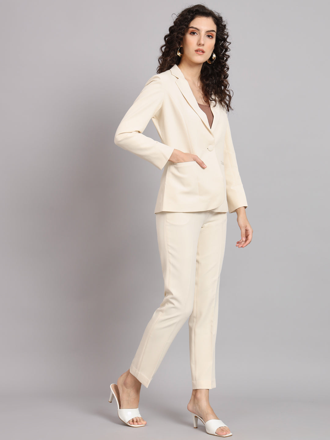 PowerSutra Regular Fit Notched Collar Stretch Pant Suit - Off White