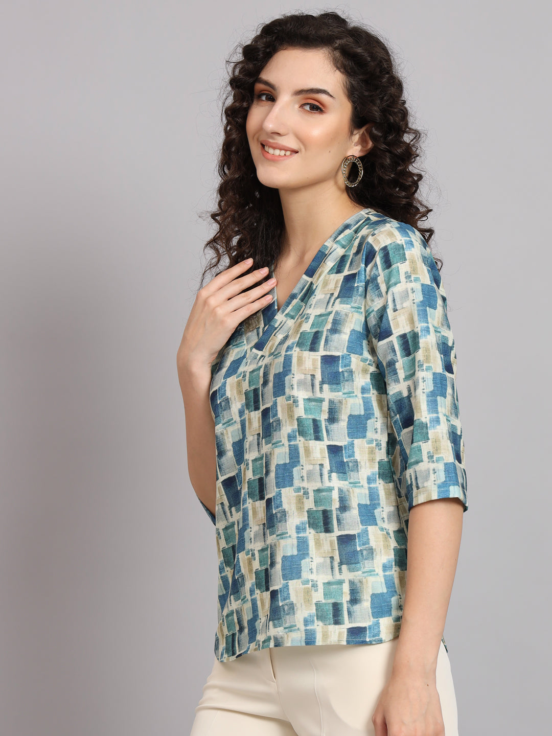 PowerSutra Regular Fit Printed V-Neck Top - Blue and Green
