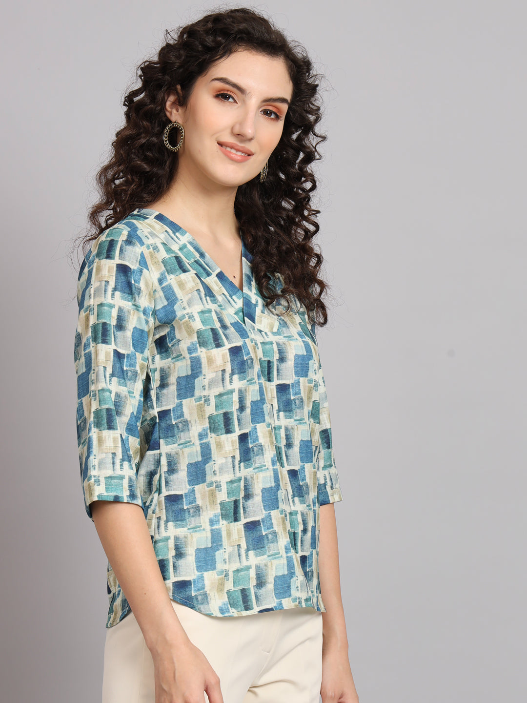 PowerSutra Regular Fit Printed V-Neck Top - Blue and Green