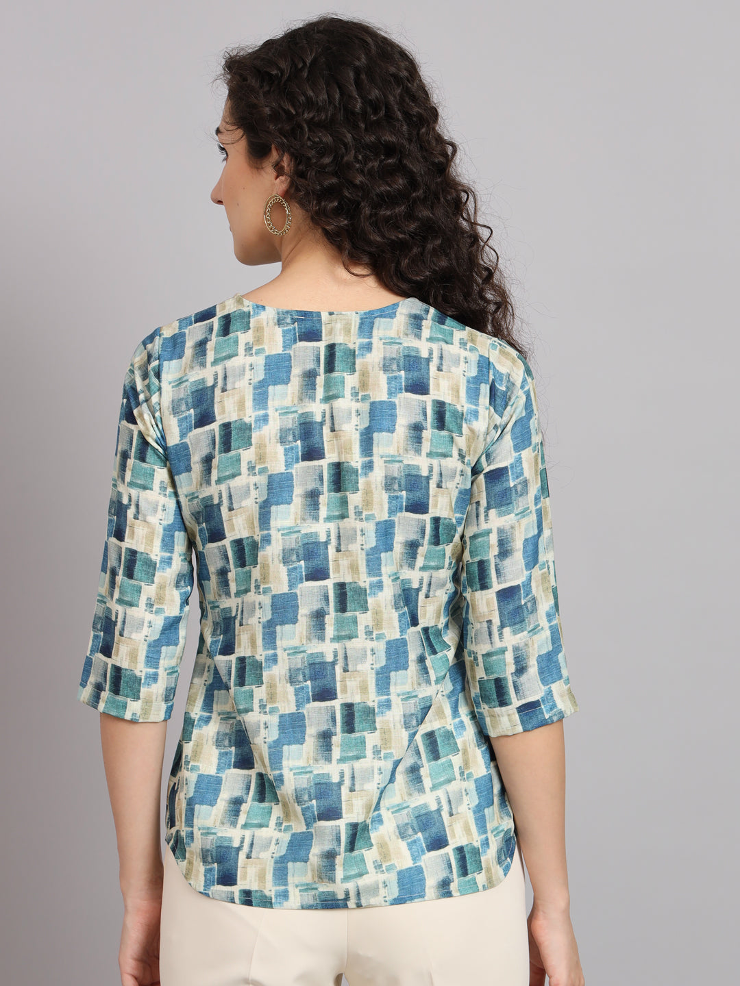 PowerSutra Regular Fit Printed V-Neck Top - Blue and Green