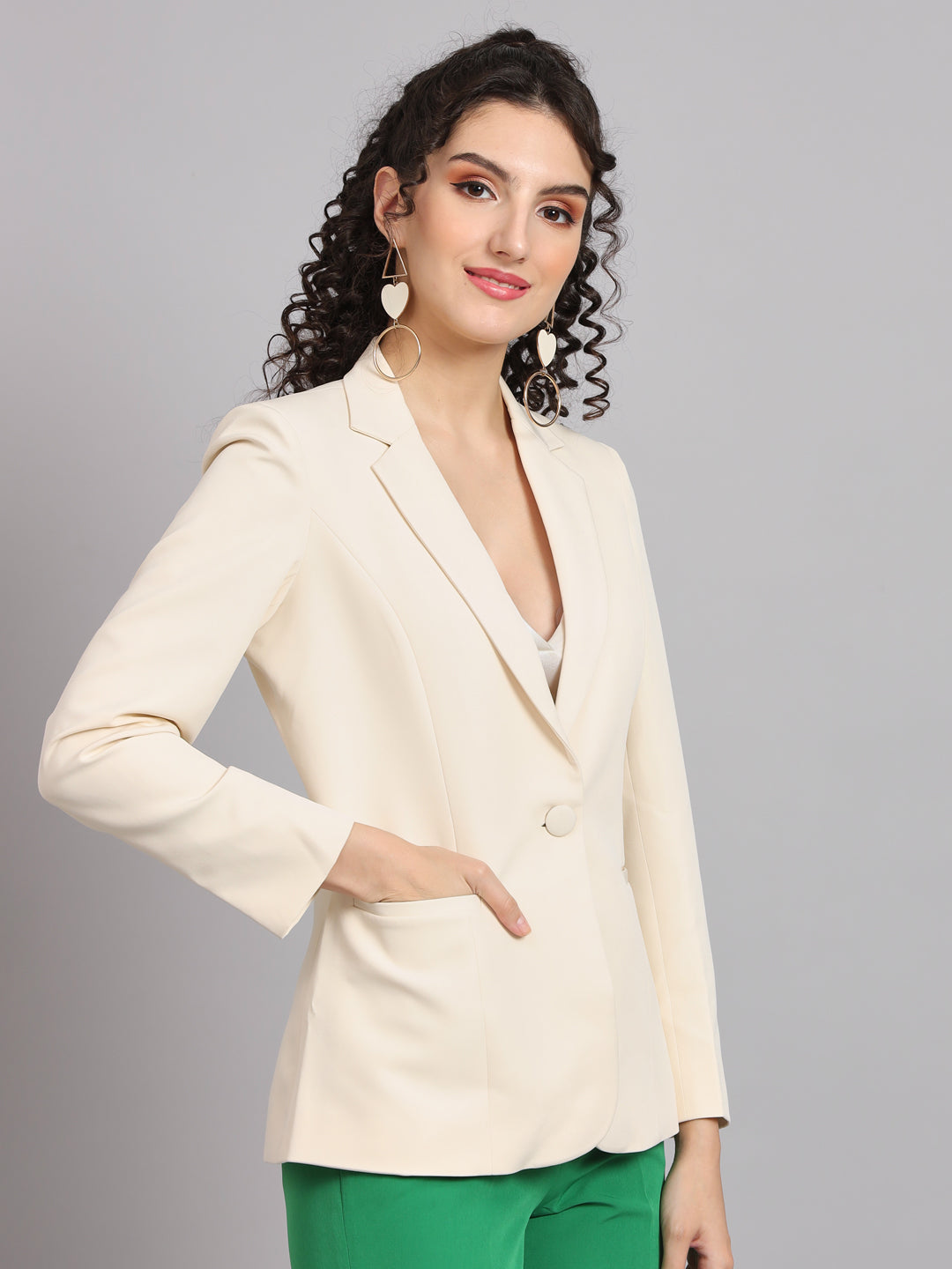 PowerSutra Notched Collar Polyester Blazer - Off White